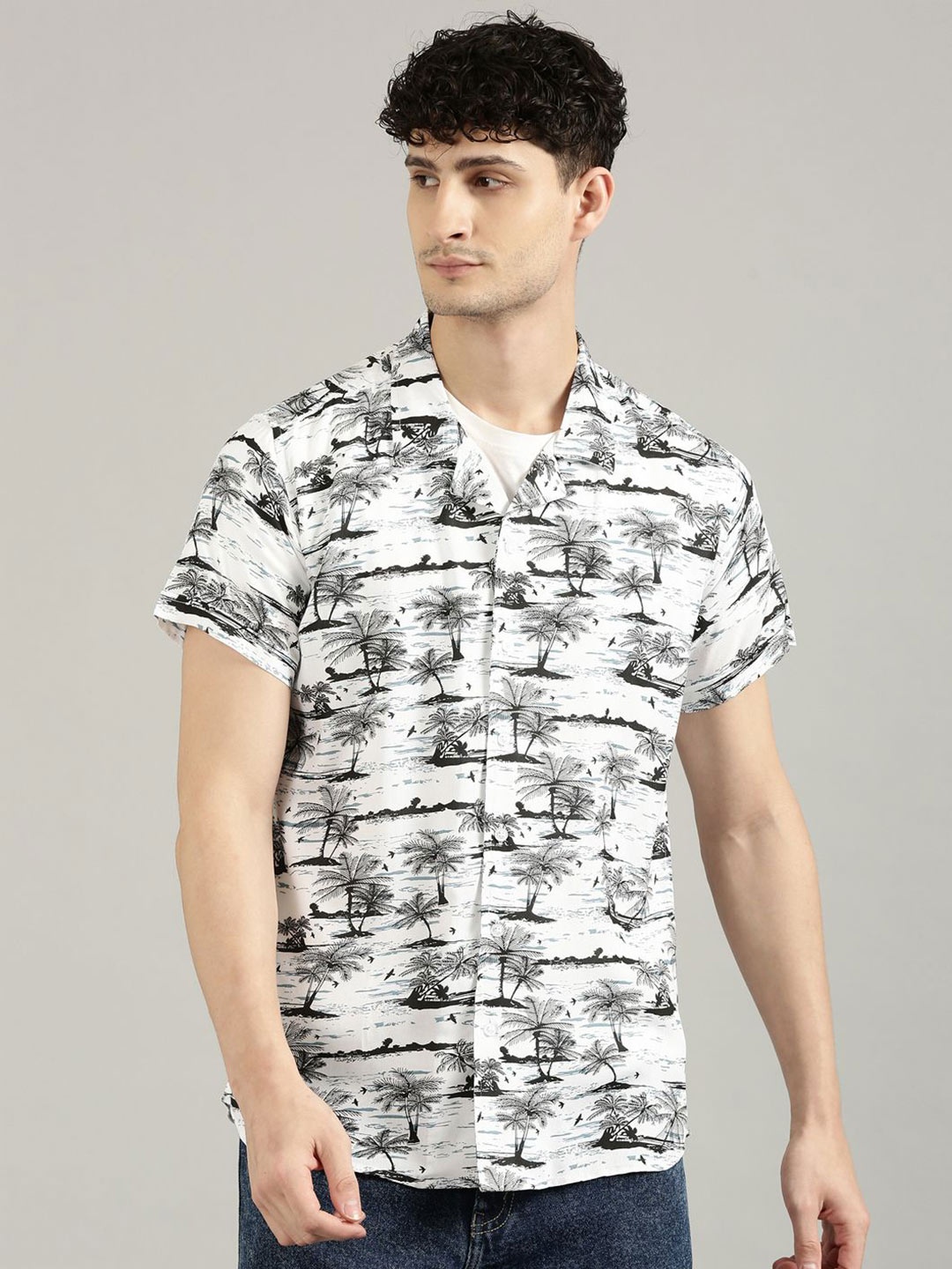 

Provogue Men Cuban Collar Abstract Printed Casual Shirt, White