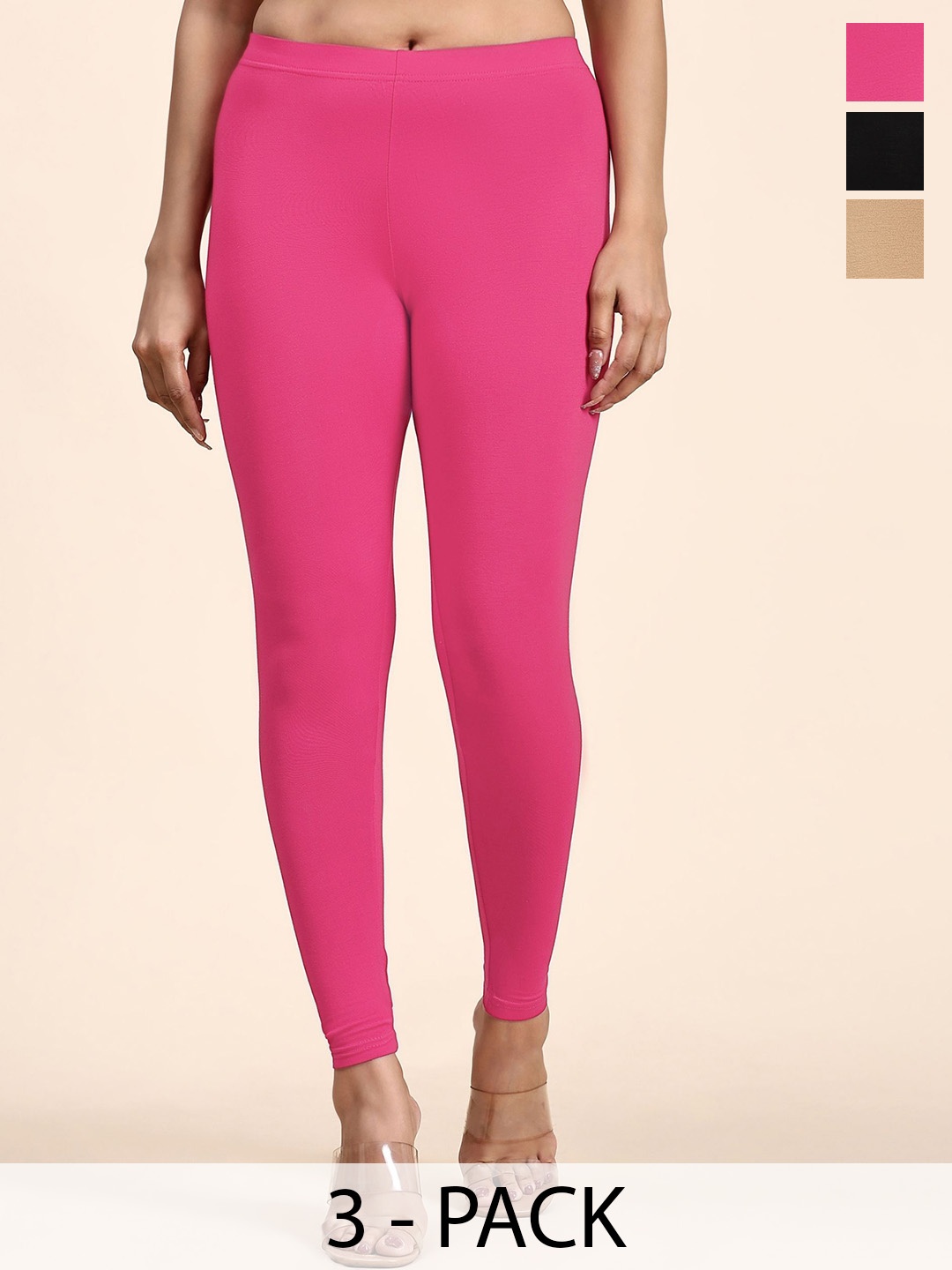 

Outflits Women Pack Of 3 Solid Ankle-Length Leggings, Pink