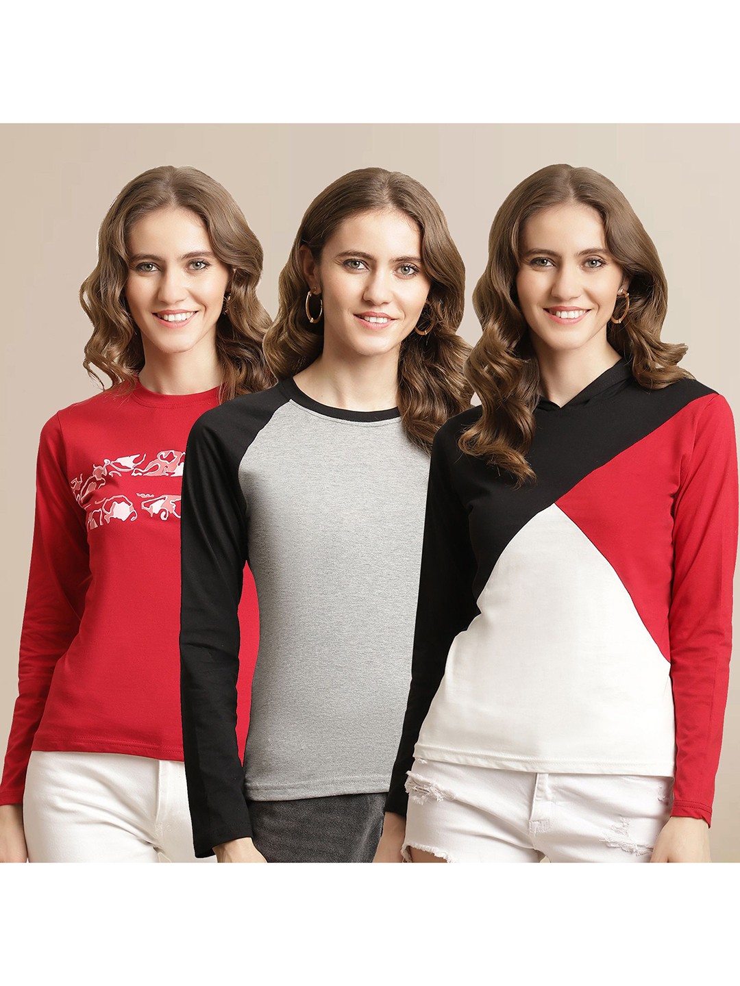 

Metronaut Women Pack Of 3 Colourblocked Round Neck Cotton T-shirts, Red