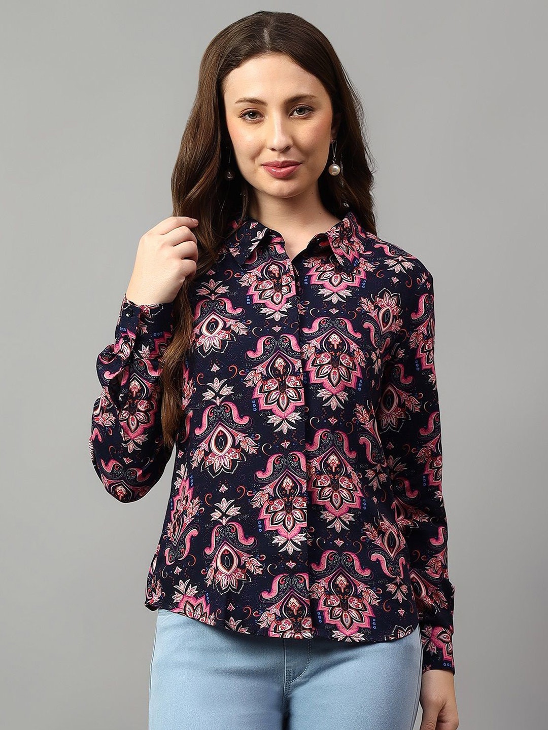 

NKSA FASHION Women Spread Collar Floral Printed Casual Shirt, Navy blue