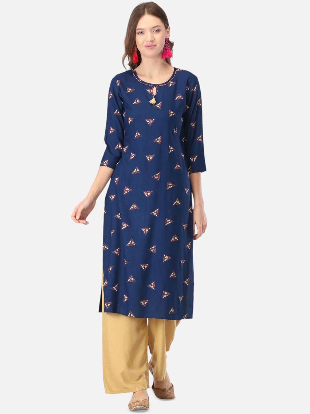 

Biyu Women Geometric Printed Keyhole Neck Cotton Straight Kurta, Navy blue