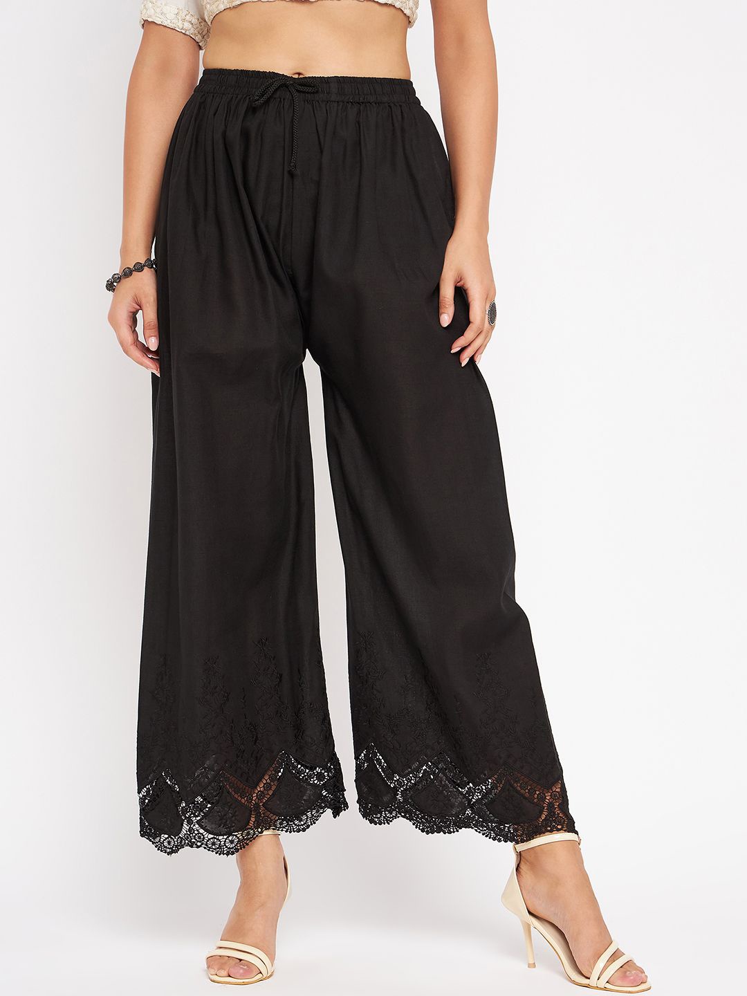 

TULIP 21 Women Hem Design Flared Knitted Ethnic Palazzos, Black