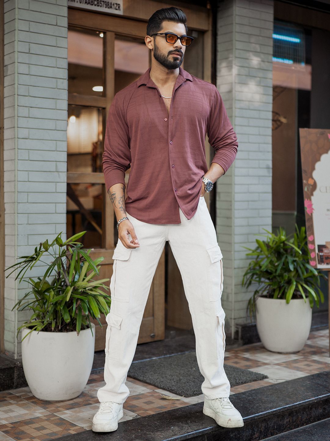 

Powerlook Men Cuban Collar Textured Relaxed Fit Casual Shirt, Maroon