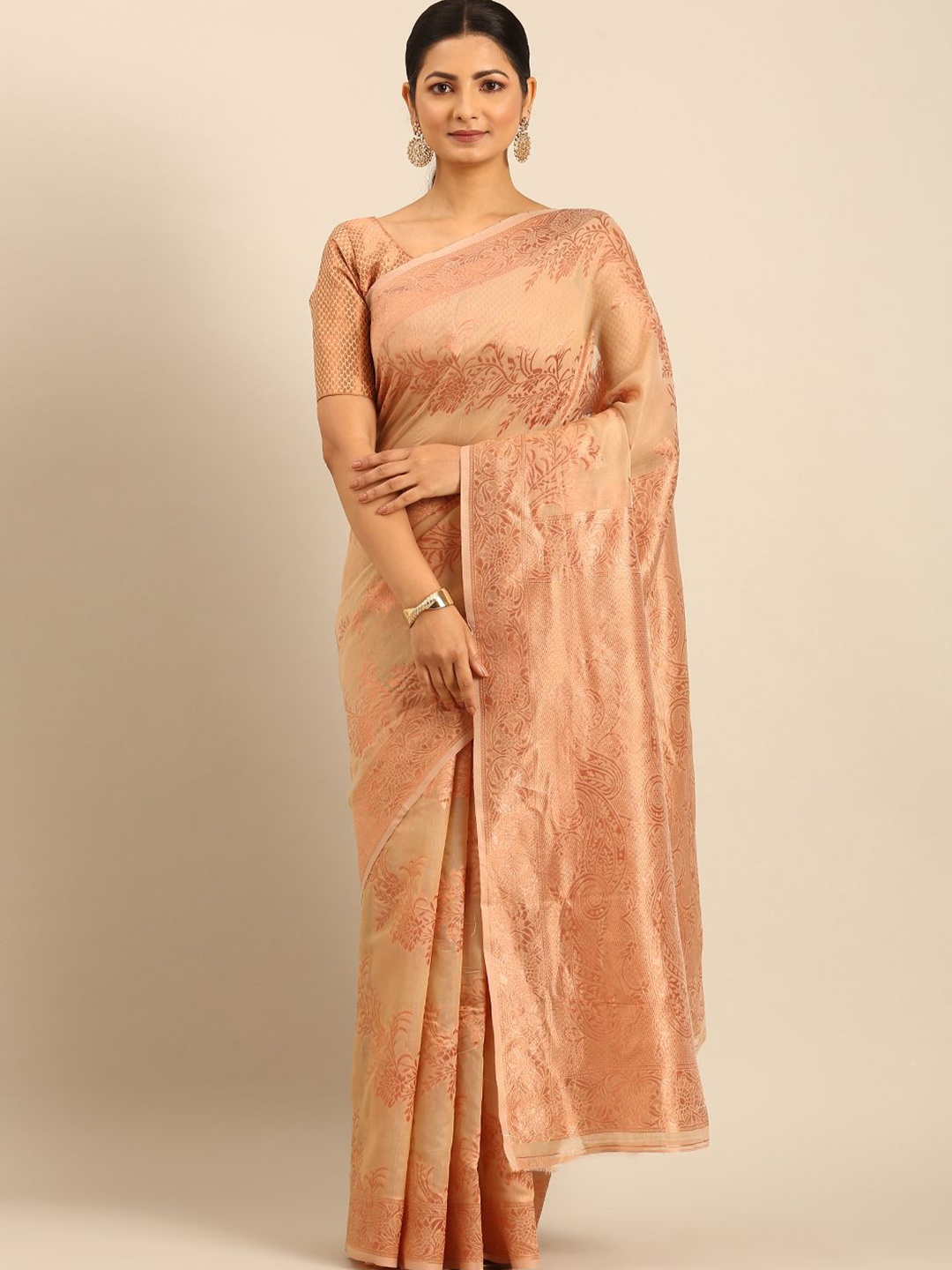 

Mitera Woven Design Zari Saree With Unstitched Blouse Piece, Beige