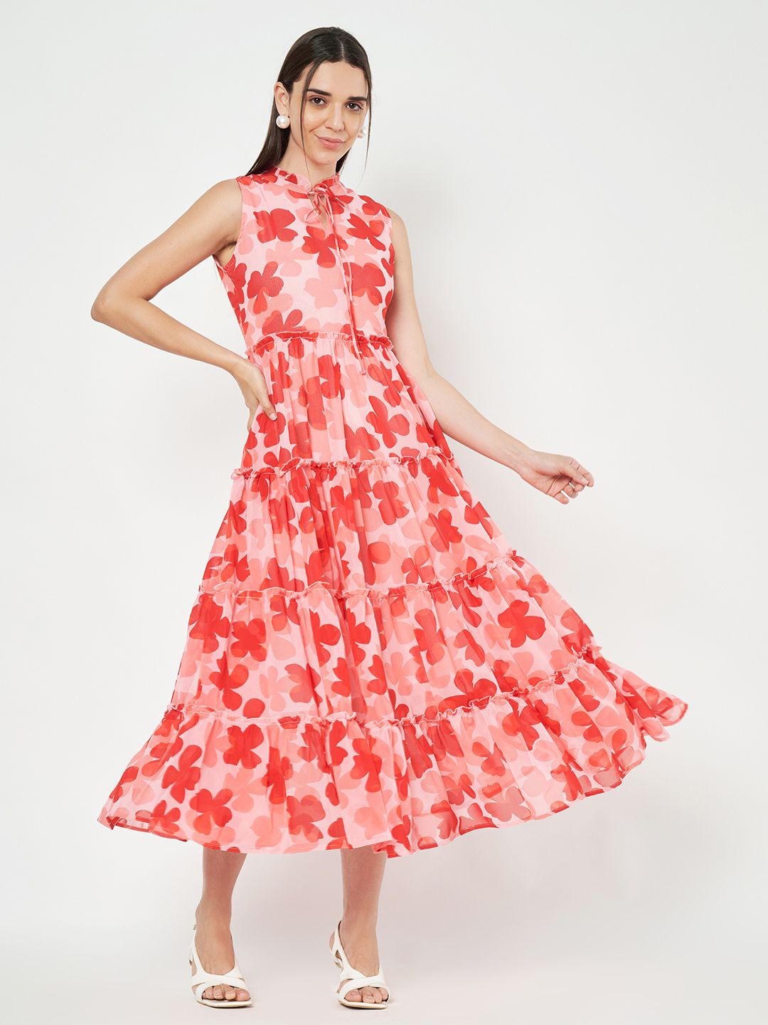 

BRINNS Women Floral Printed Tie-Up Neck Fit & Flare Maxi Dress, Pink