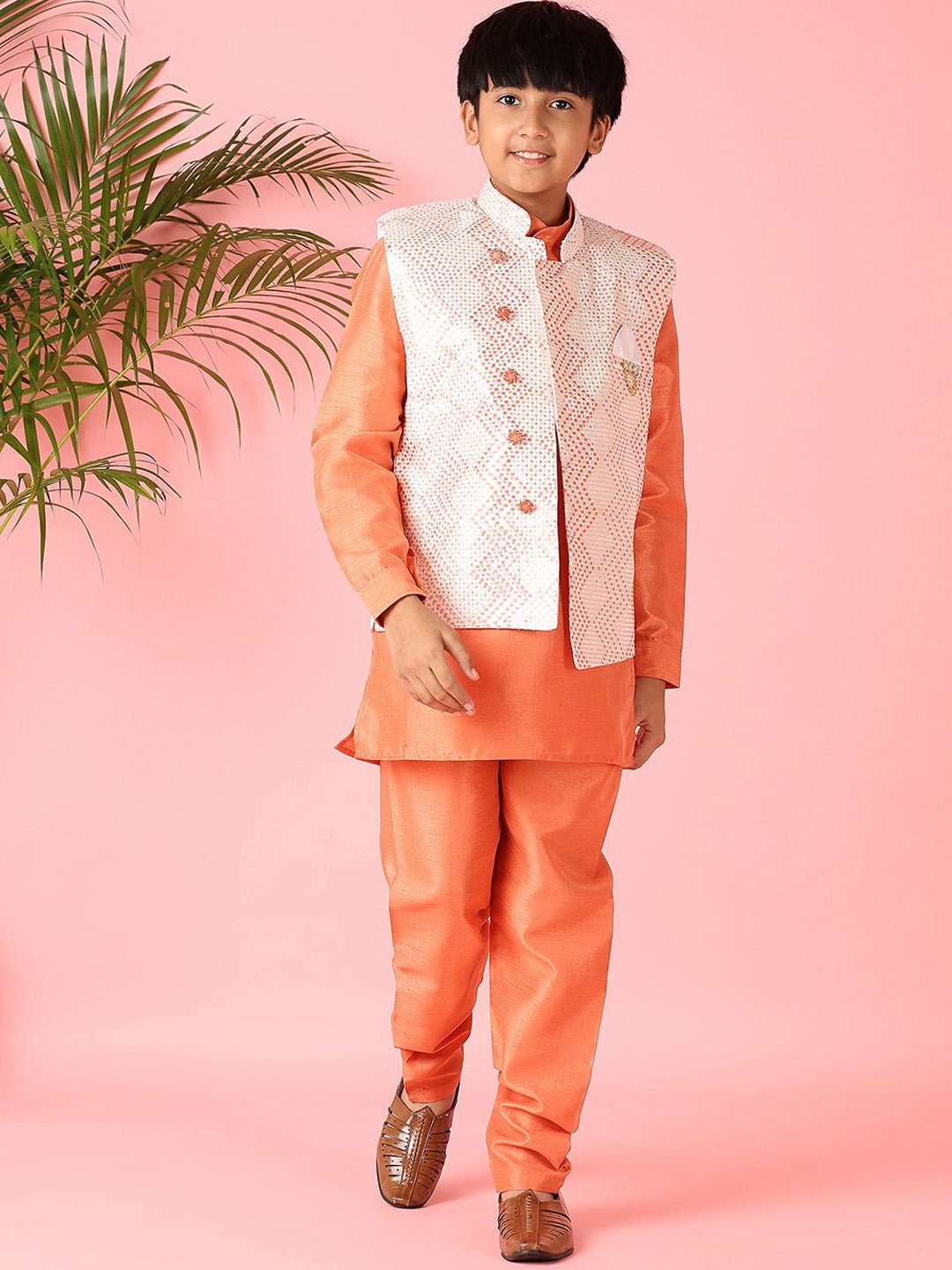 

V-Mart Boys Mandarin Collar Long Sleeves Pure Cotton Kurta With Churidar With Nehru Jacket, Peach