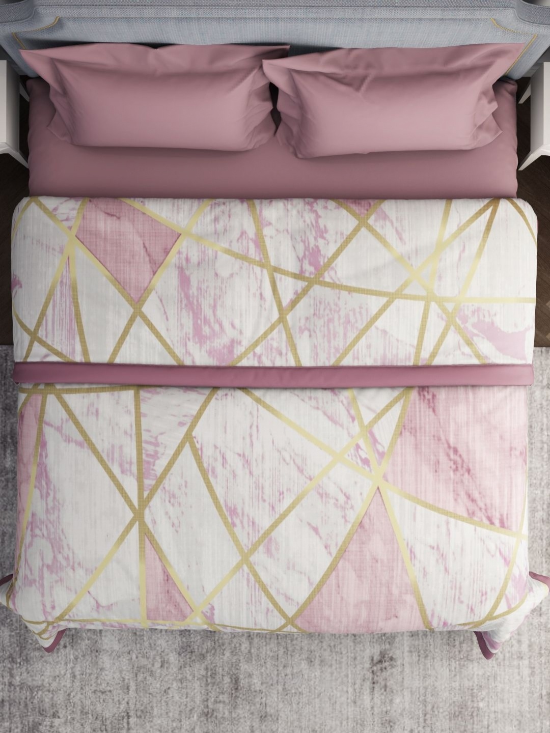 

Welspun Grey & Pink Geometric 550 GSM AC Room Anti- Pilling & Skin Safe Double Bed Blanket