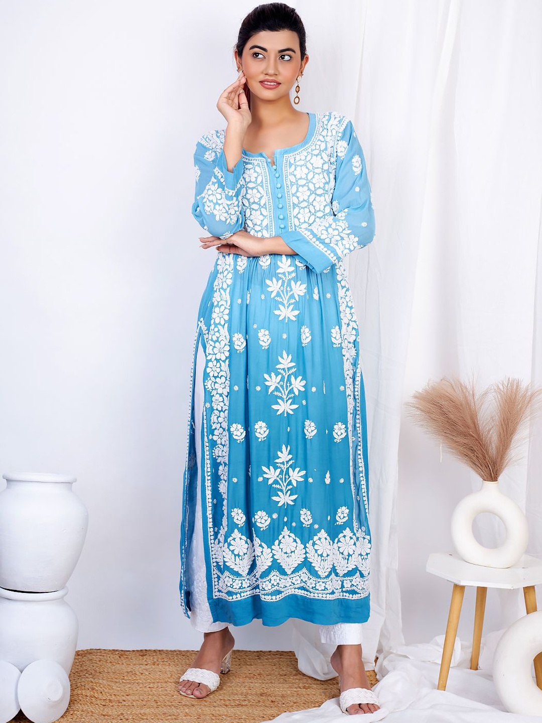 

The Chikan Label Ethnic Motifs Embroidered Cotton Silk Chikankari Straight Kurta, Blue