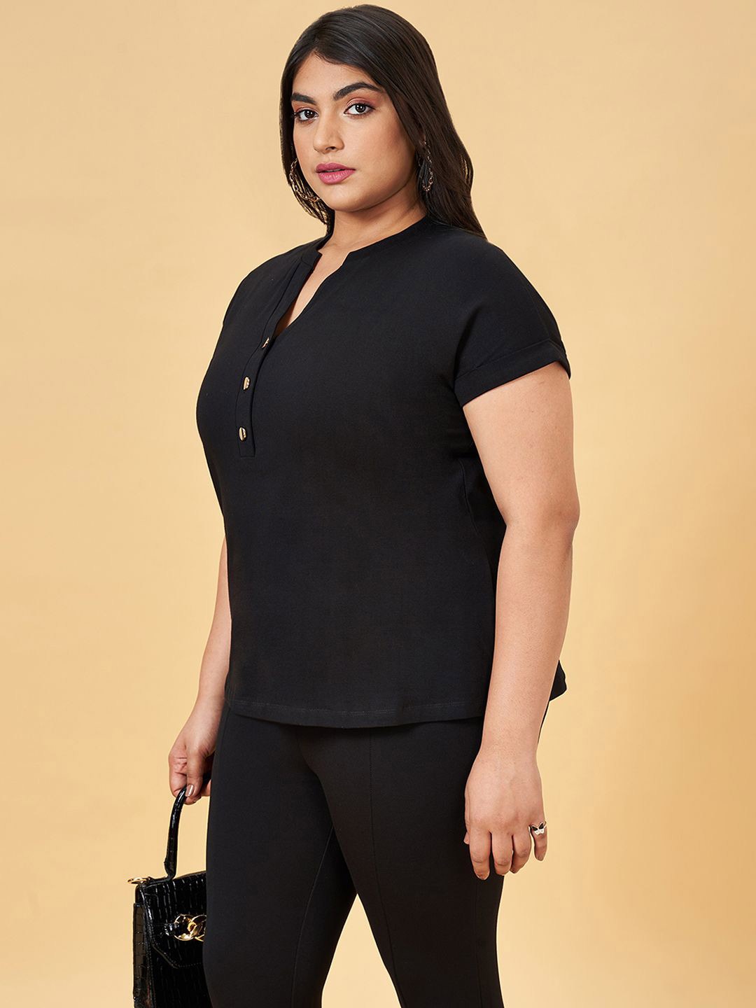 

Honey Curvytude by Pantaloons Cotton short Plus Size Top, Black