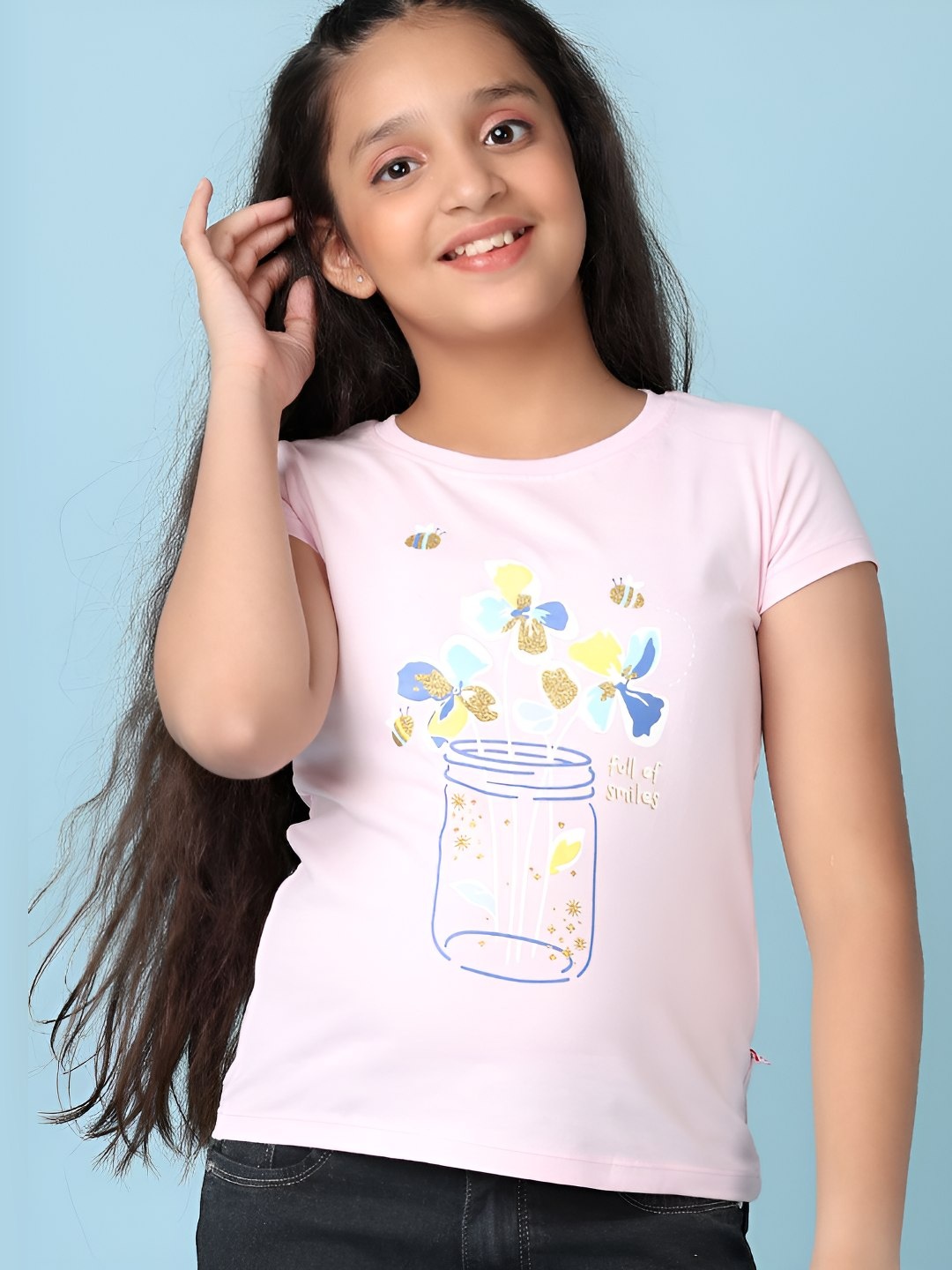 

V-Mart Girls Graphic Printed Round Neck Cotton T-shirt, Pink