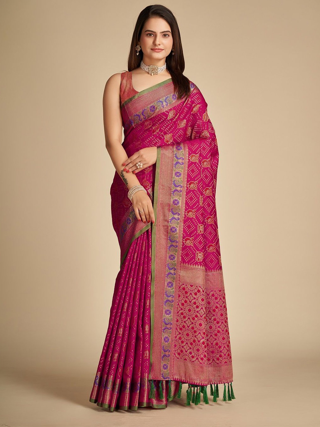

Suha Ethnic Motifs Woven Design Zari Pure Silk Patola Saree, Pink