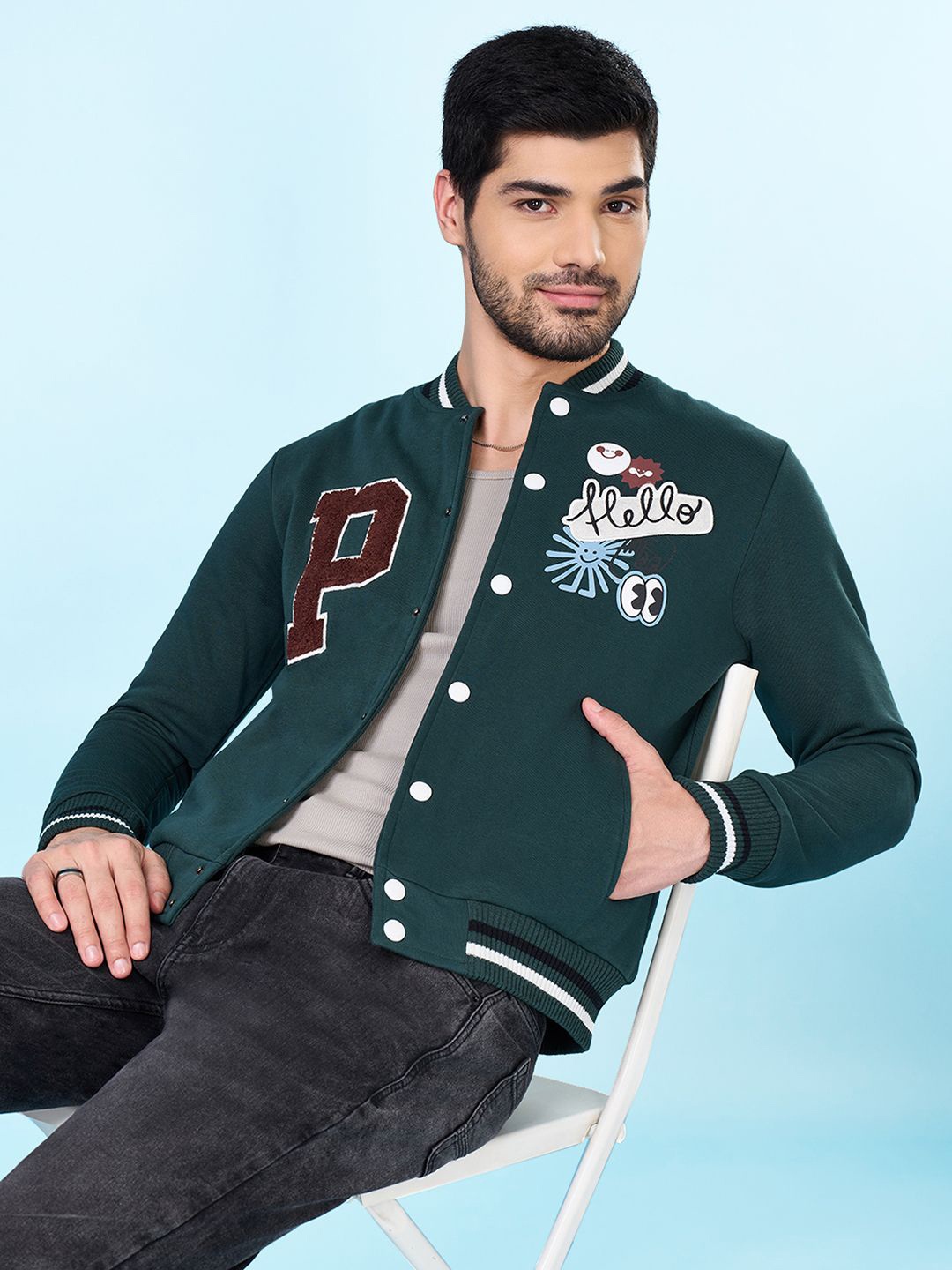 

People Men Self Design Cotton Mandarin Collar Long Sleeves Sweatshirt, Green