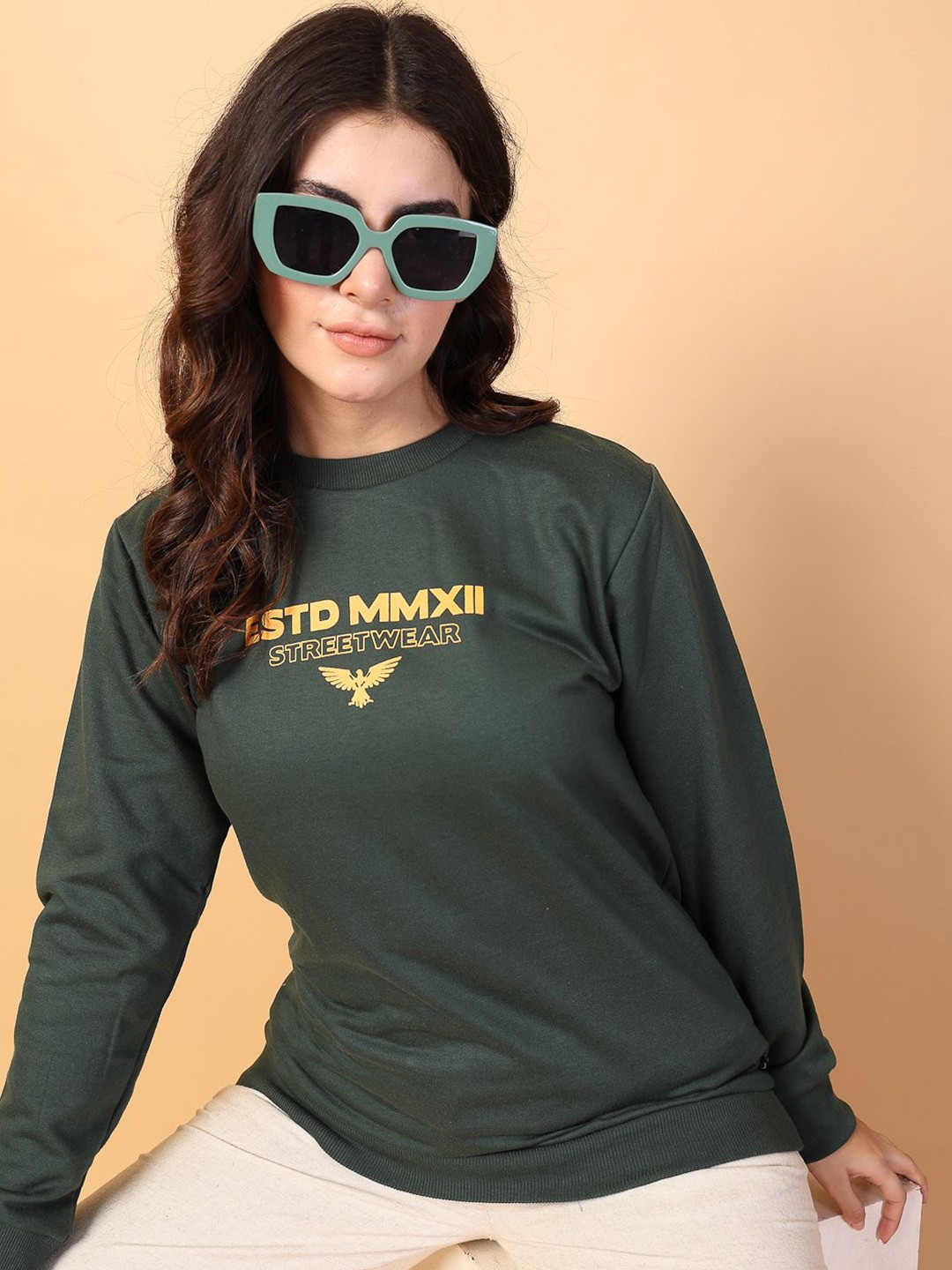 

Rigo Women Cotton Printed Sweatshirt, Green