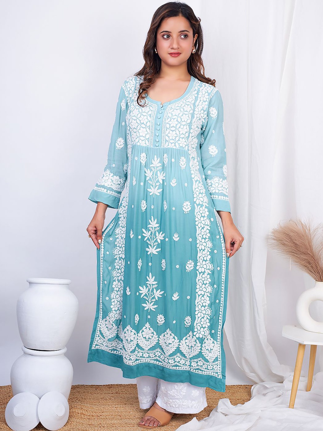 

The Chikan Label Floral Embroidered Chikankari Straight Kurta, Blue