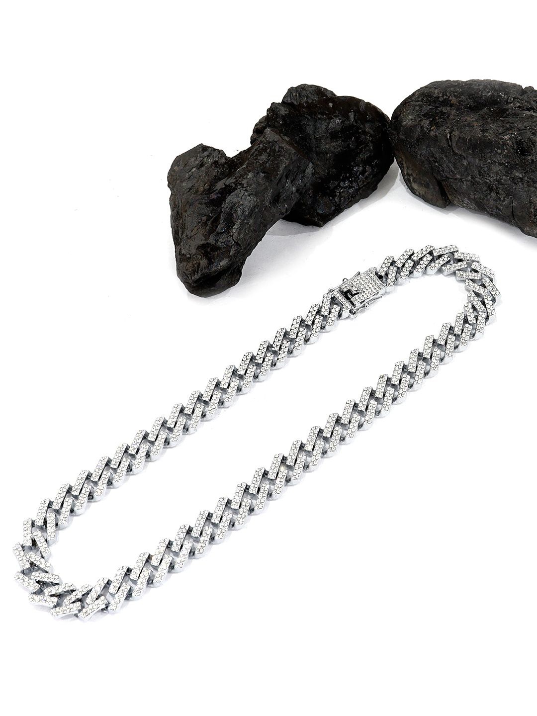 

KRENOZ Men Sterling Silver-Plated Stone Studded HipHop Chain