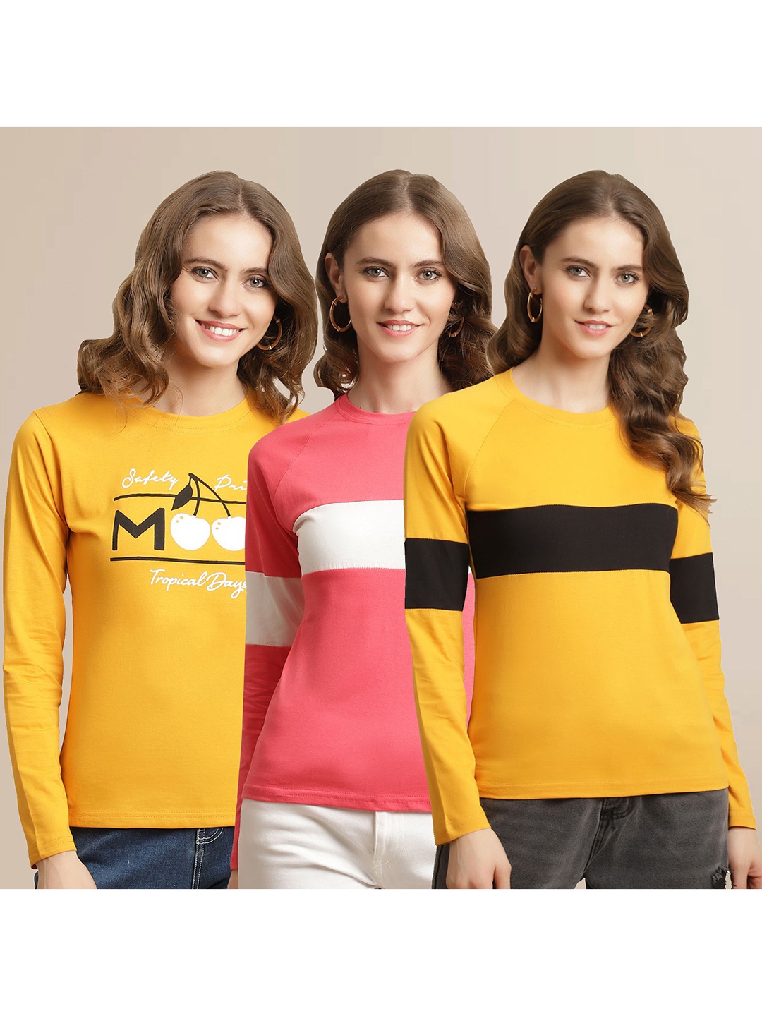 

Metronaut Women Pack Of 3 Printed Round Neck Cotton T-shirts, Yellow