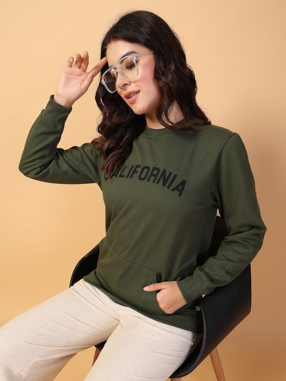 

Rigo Women Cotton Printed Sweatshirt, Olive