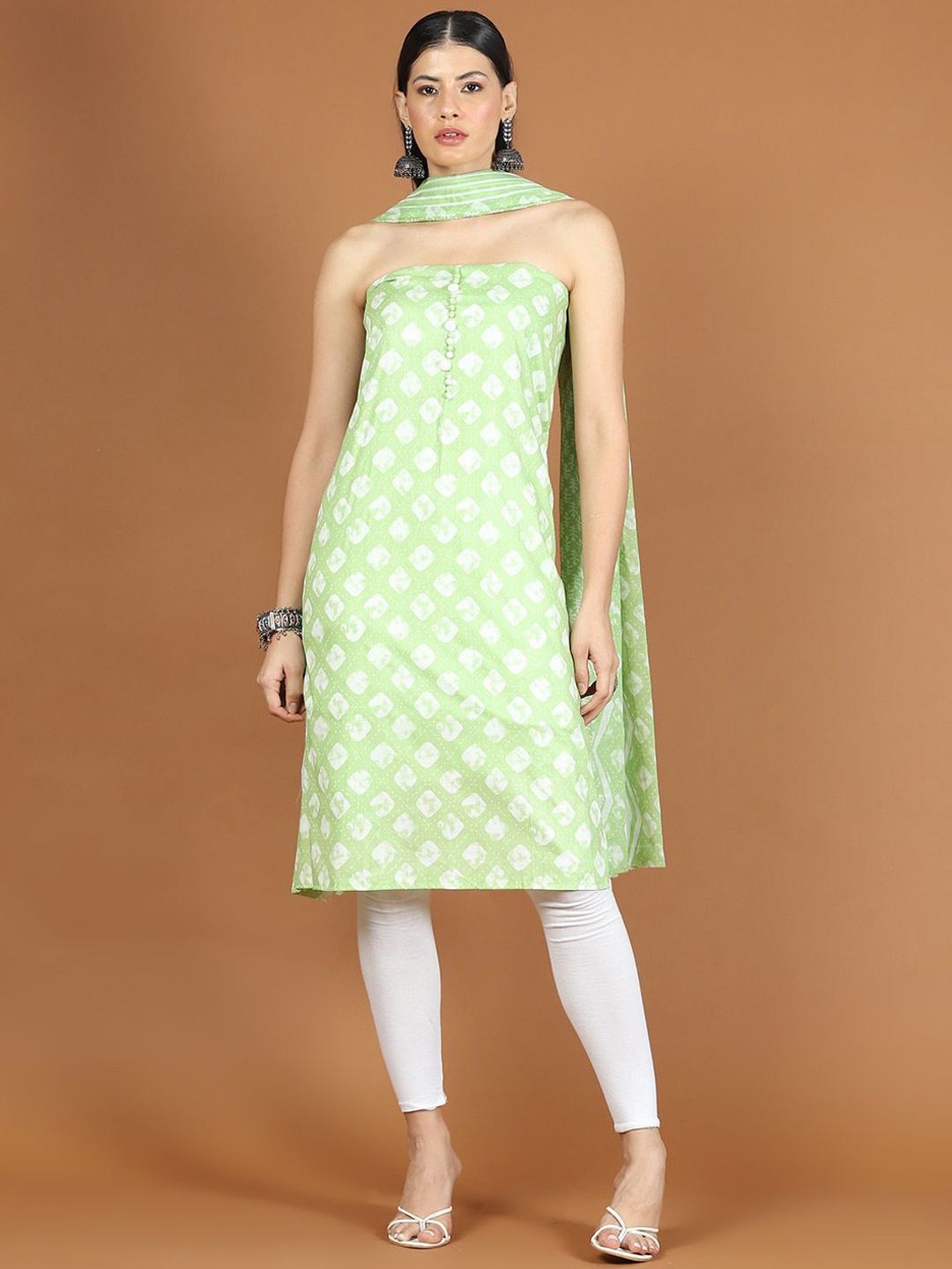 Meena Bazaar Geometric Printed Unstitched Dress Material, Green