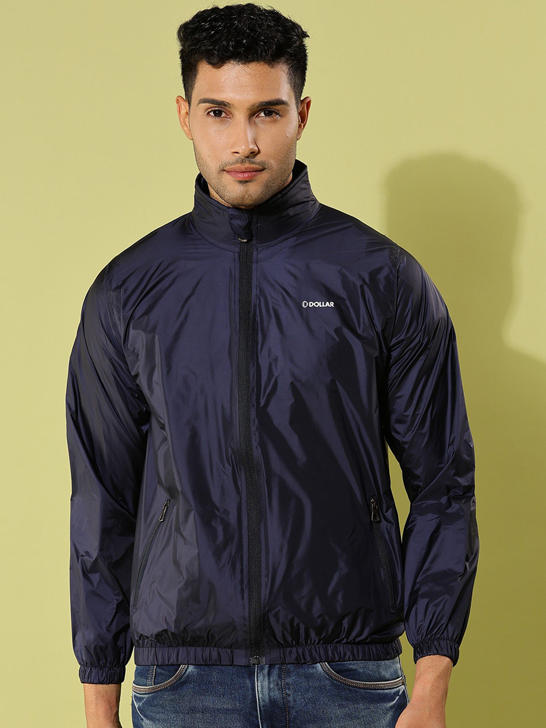 

Dollar Men Mock Collar Solid Casual Bomber Jacket, Navy blue