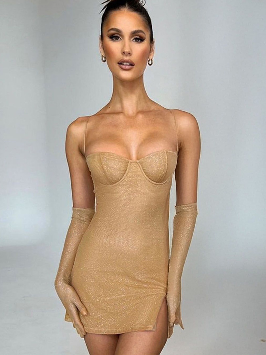 

StyleCast Women Embellished Bodycon Mini Dress, Camel brown