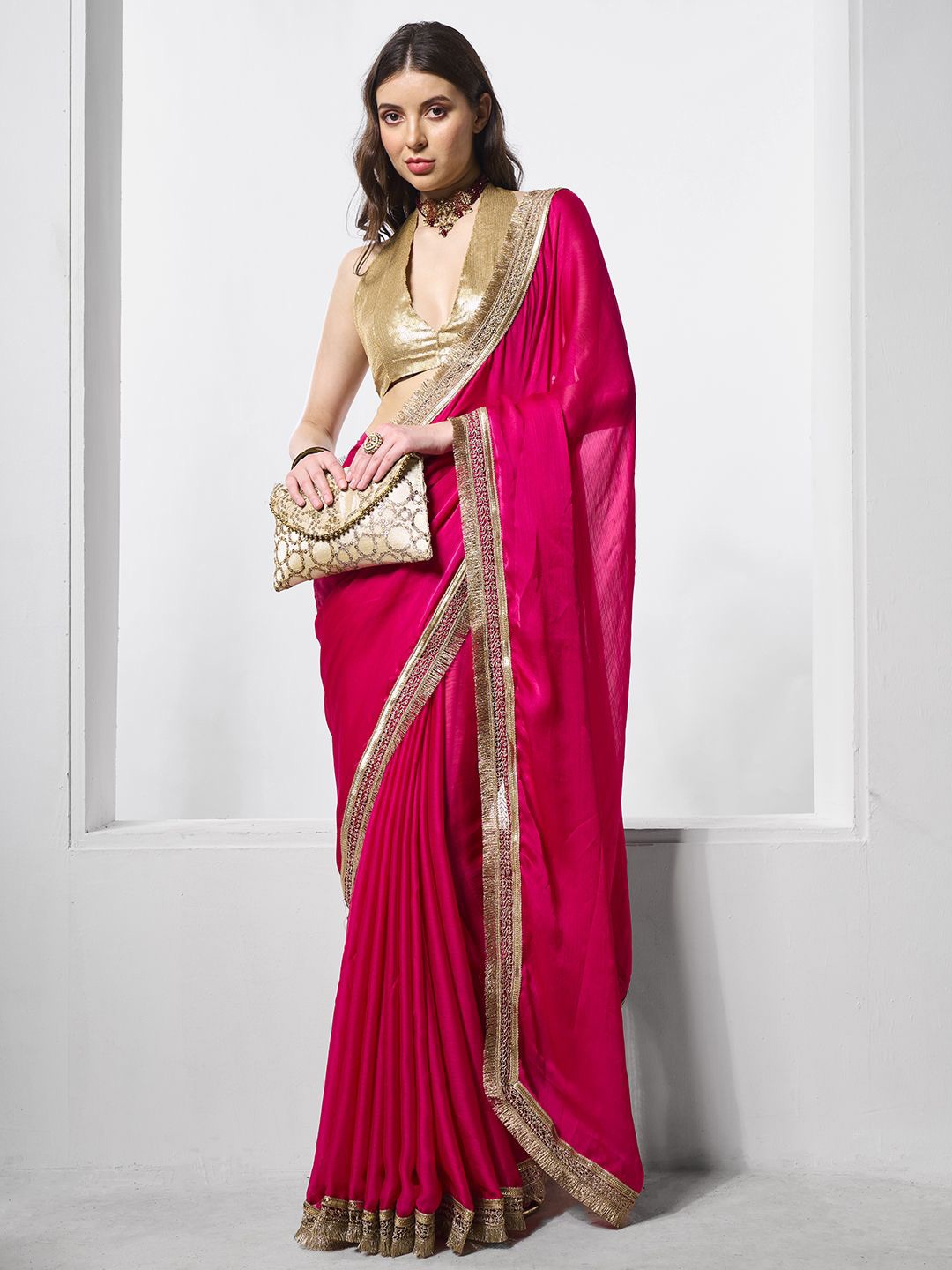 

Mitera Embellished Gotta Patti Pure Chiffon Ready to Wear Saree, Pink