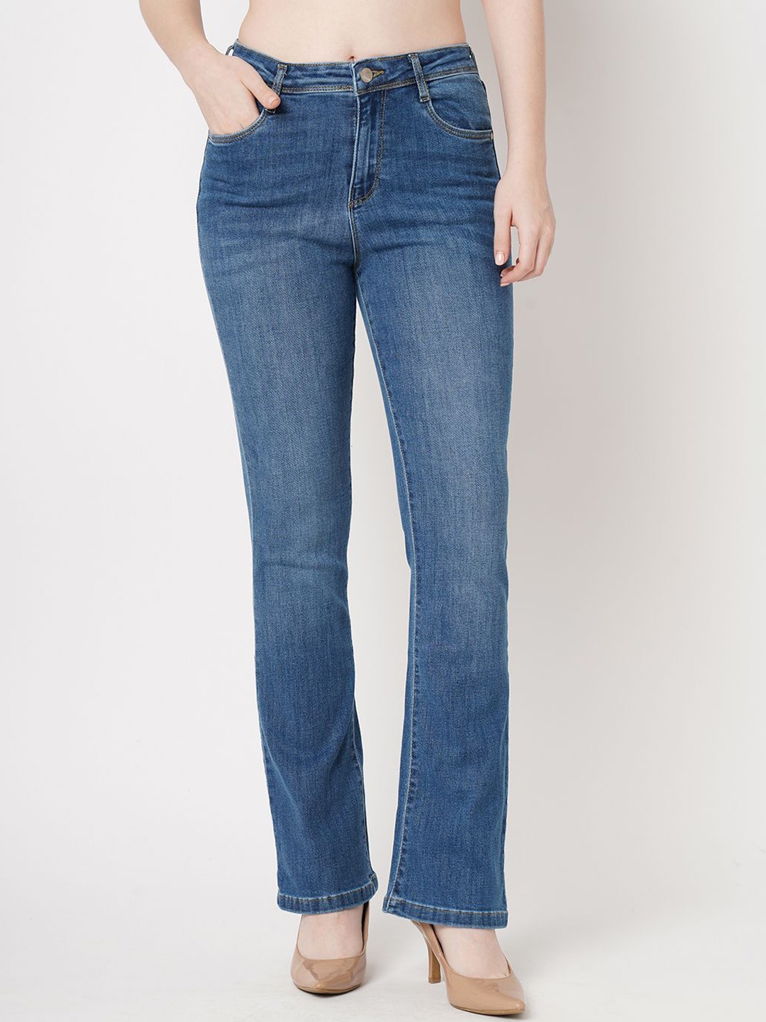 

Kraus Jeans Women Flared High-Rise Light Fade Jeans, Blue