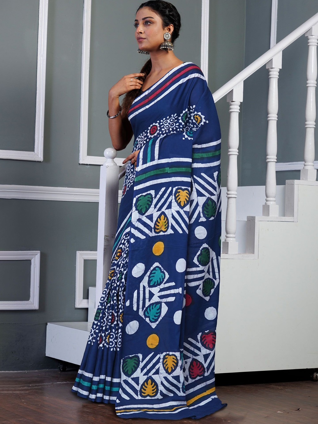 

Unnati Silks Pure Cotton Handloom Block Print Saree, Navy blue