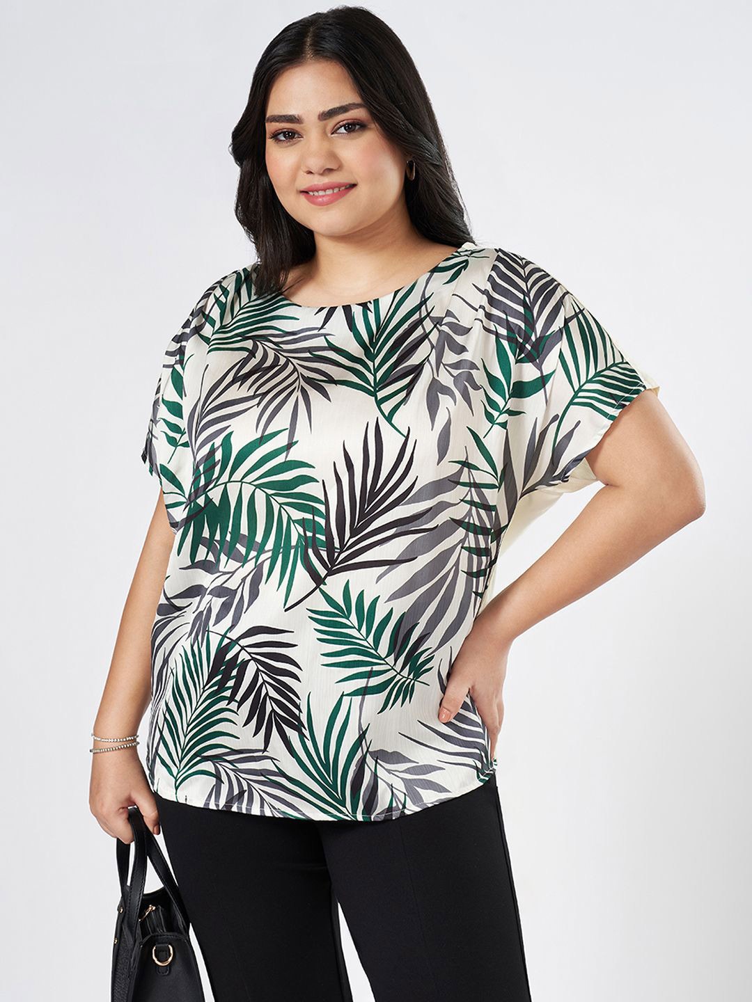 

Honey Curvytude by Pantaloons Women Tropical Print Extended Sleeves Top, Green