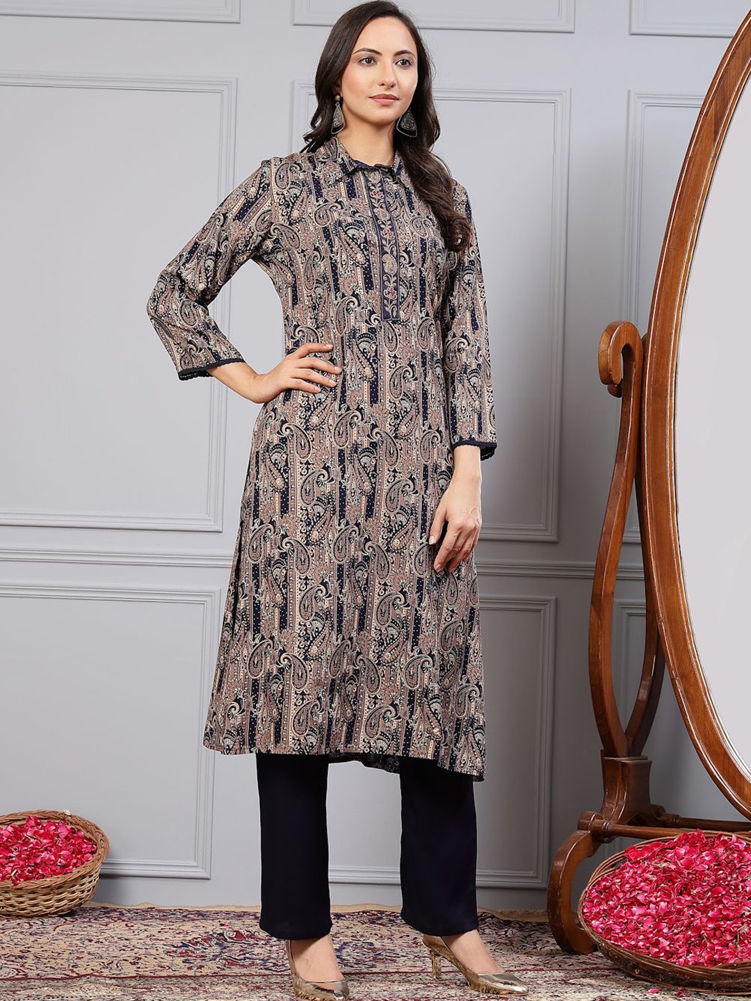 

Nayam By Lakshita Paisley Printed Shirt Collar A-Line Kurta With Palazzos, Blue