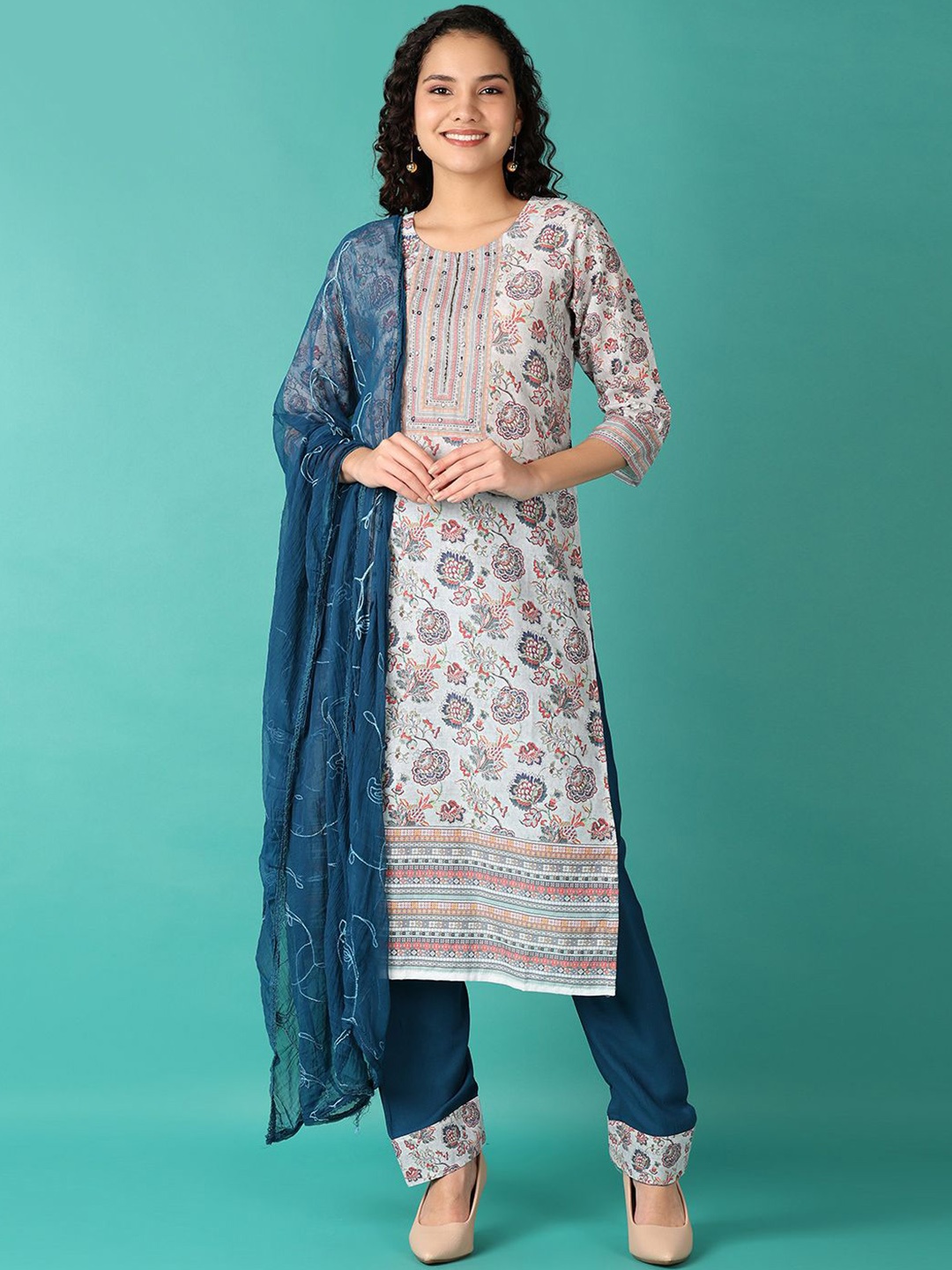 

V-Mart Floral Printed Regular Pure Cotton Kurta with Trousers & With Dupatta, Grey