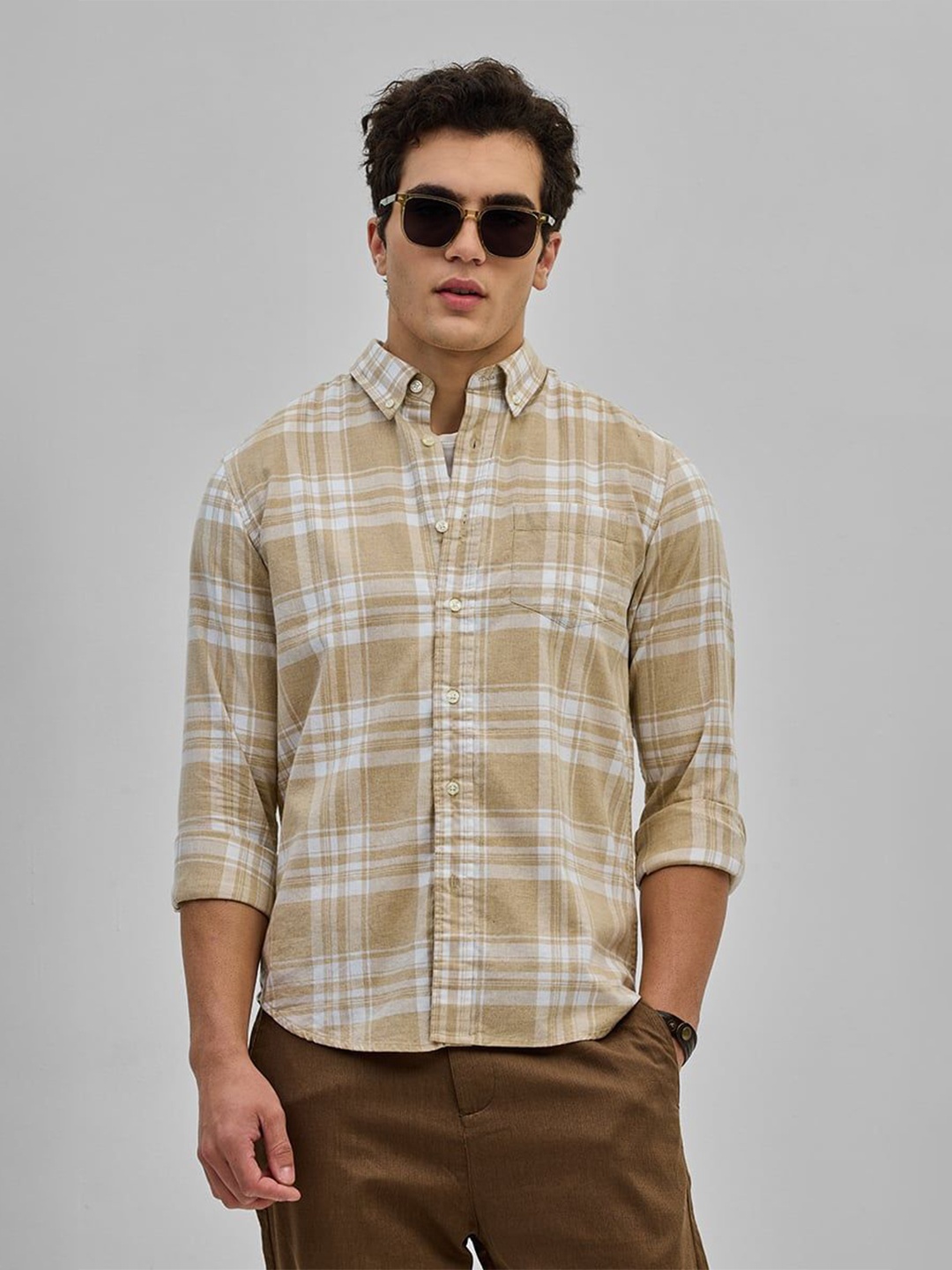 

Snitch Men Smart Button-Down Collar Tartan Checked Cotton Casual Shirt, Khaki