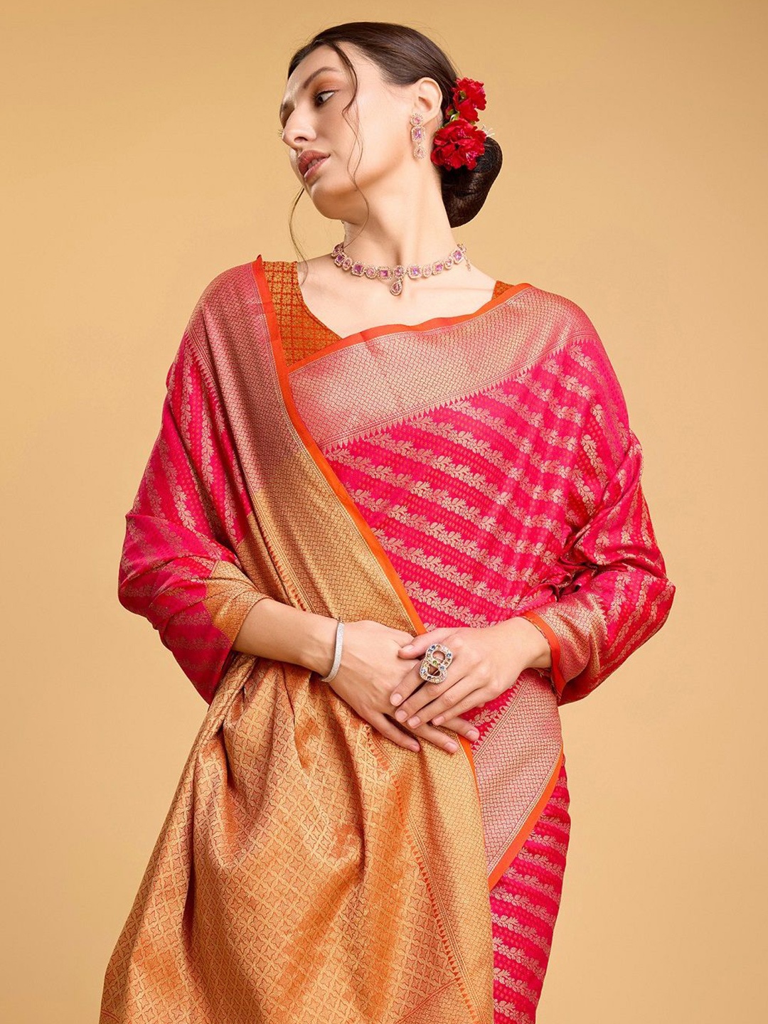 

Suha Embellished Zari Pure Silk Leheriya Saree, Pink