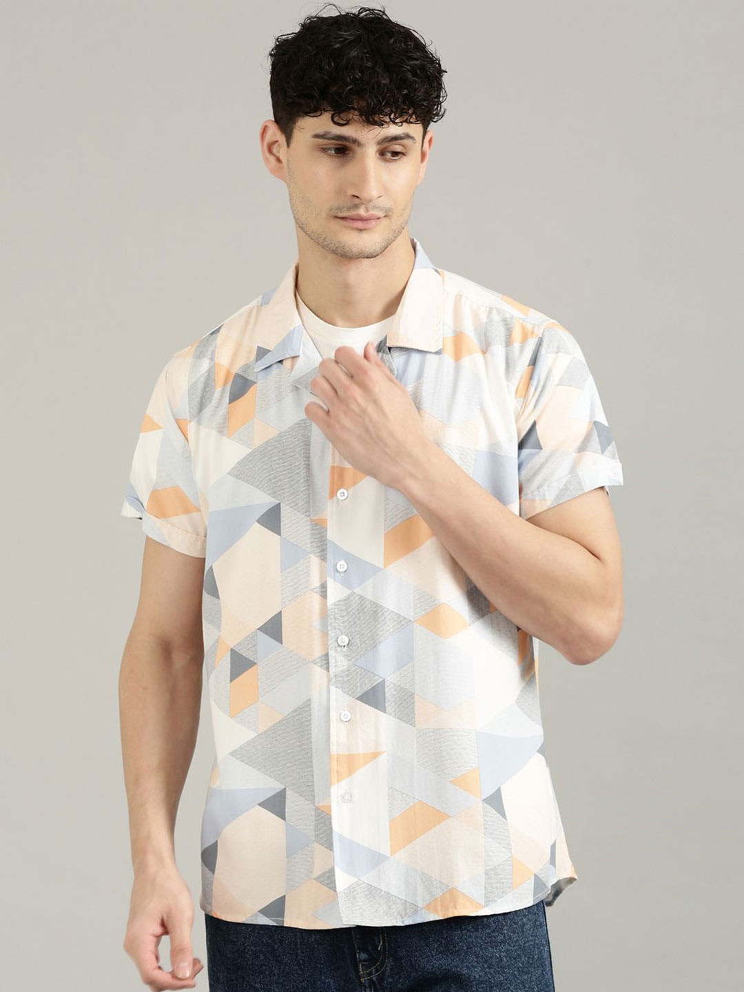 

Provogue Men Cuban Collar Geometric Printed Casual Shirt, Beige