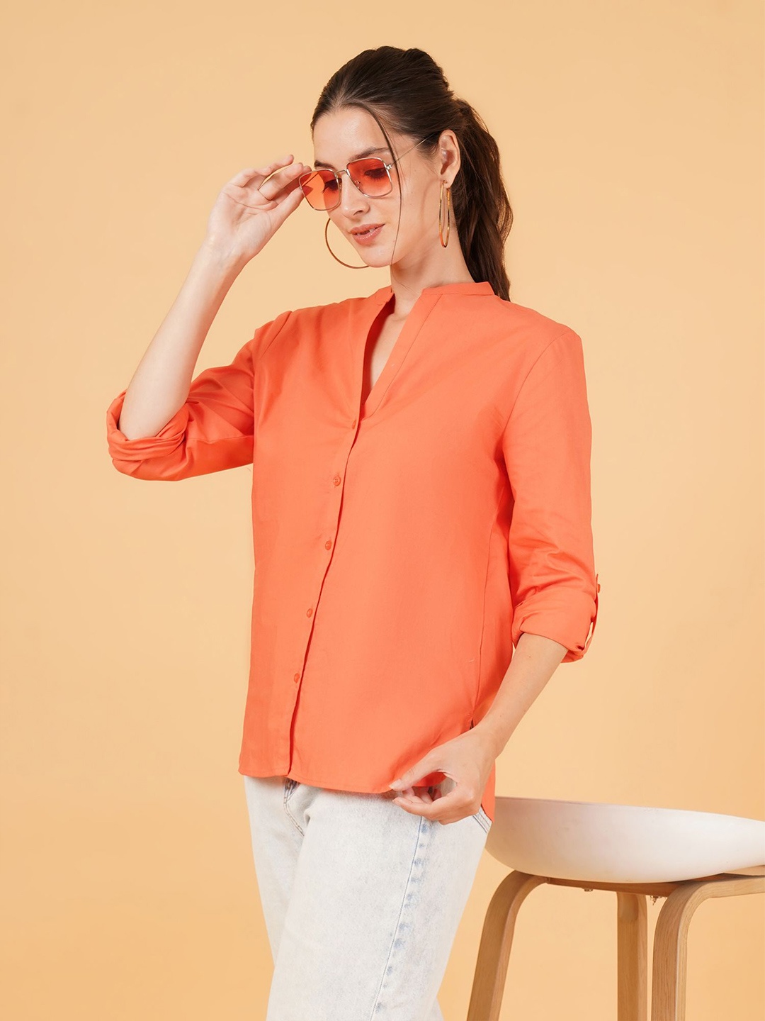 

Mast & Harbour Women Relaxed Mandarin Collar Solid Cotton Oversized Casual Shirt, Orange