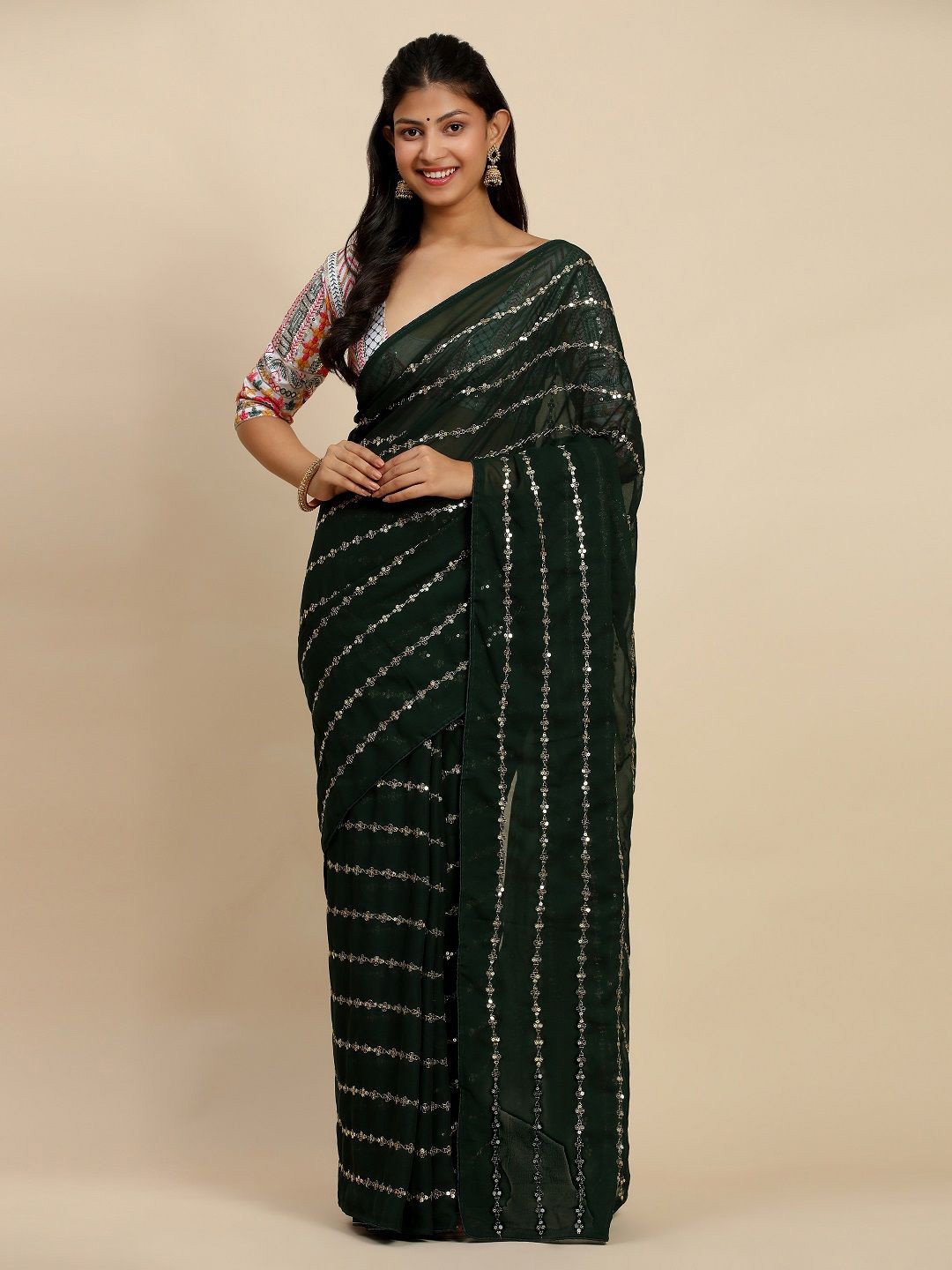 

Suha Embellished Sequinned Saree, Green
