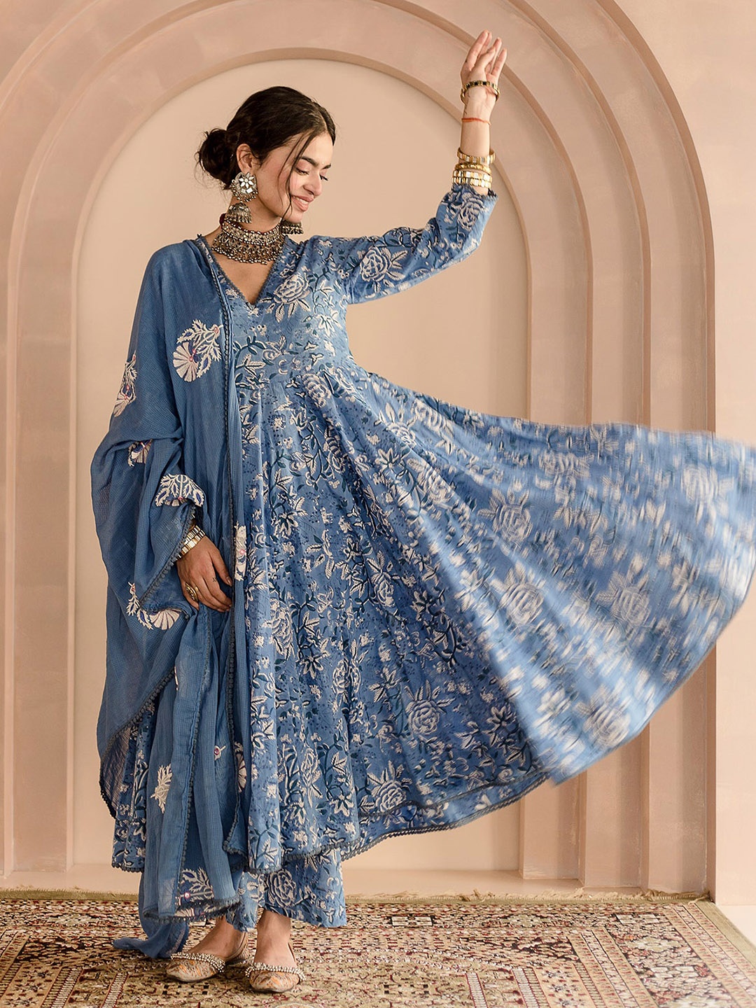 

GulaboJaipur Floral Printed V-Neck Pure Cotton Anarkali Kurta with Palazzo & Dupatta, Blue