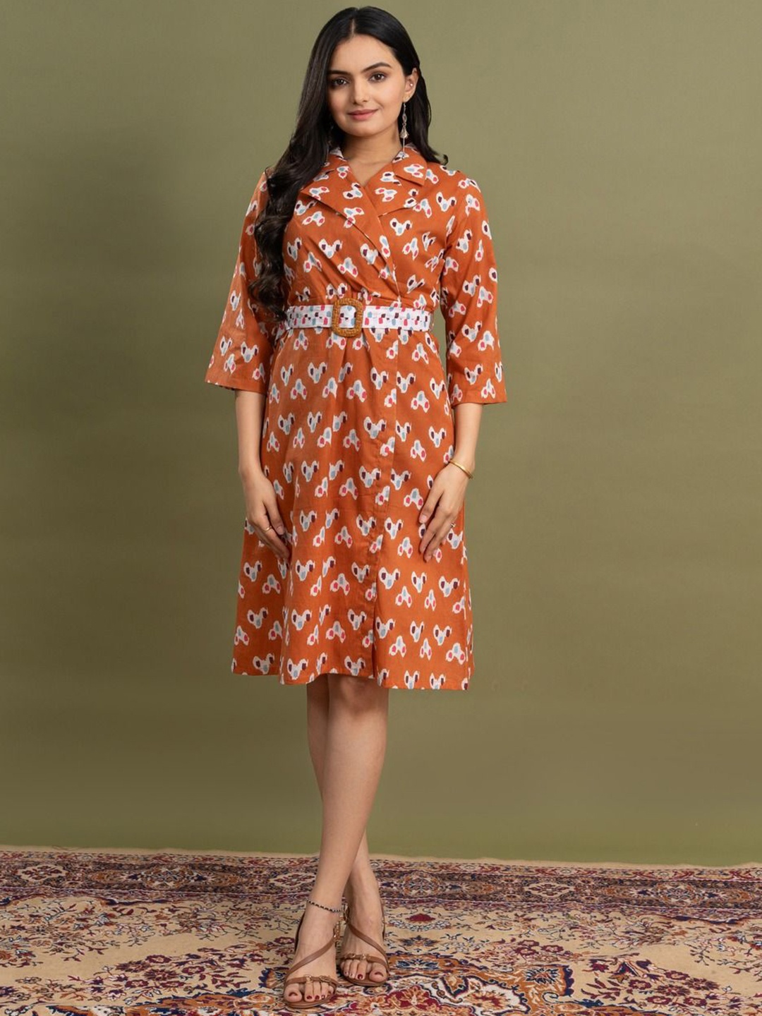 

WEAVLLITE Pure Cotton Printed Wrap Ethnic Dress Comes with a belt, Brown