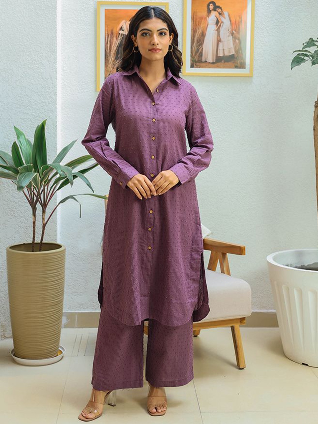 

Kapraaha Self Design Shirt Collar Pure Cotton Tunic With Palazzos, Purple