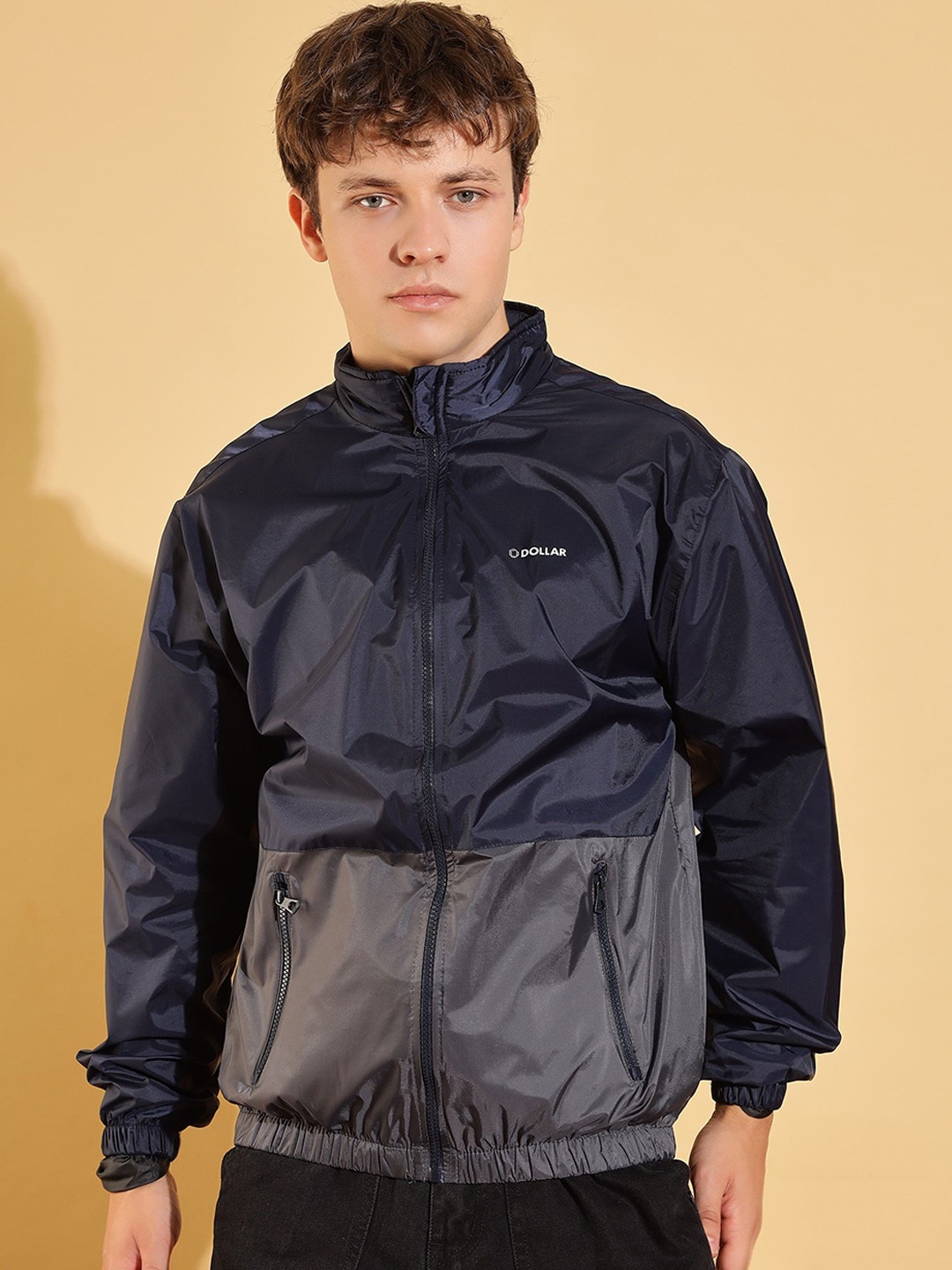 

Dollar Men Mock Collar Colourblocked Casual Bomber Jacket, Navy blue