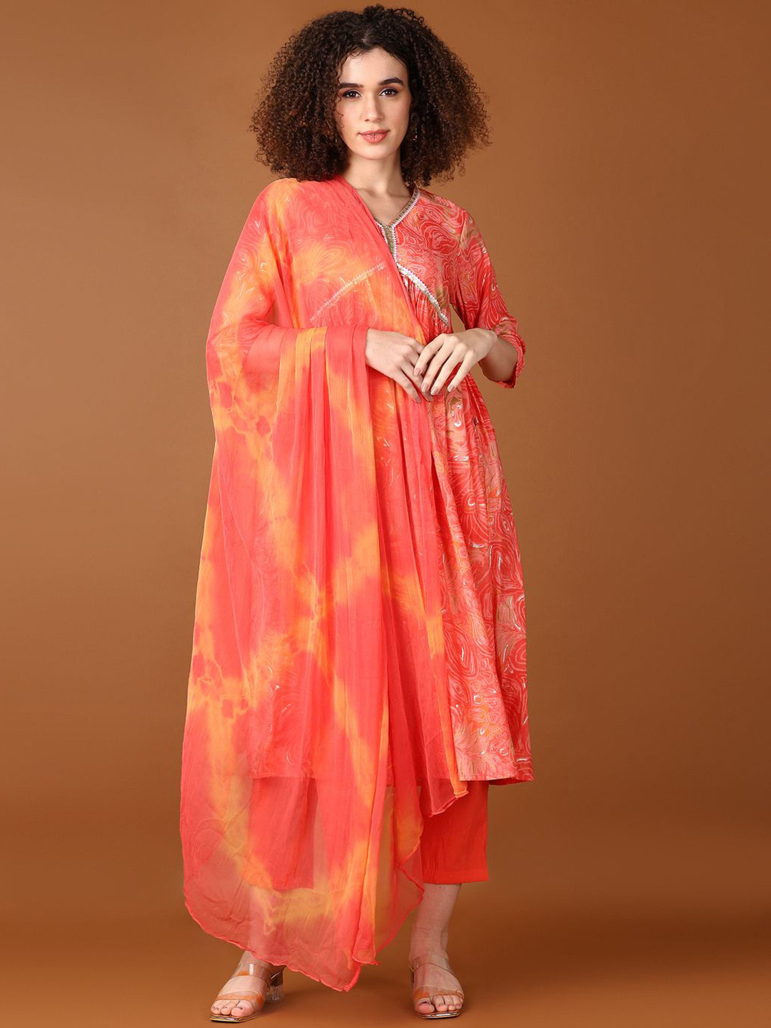 

V-Mart Floral Printed Gotta Patti Pure Cotton A Line Kurta with Trousers & Dupatta, Orange