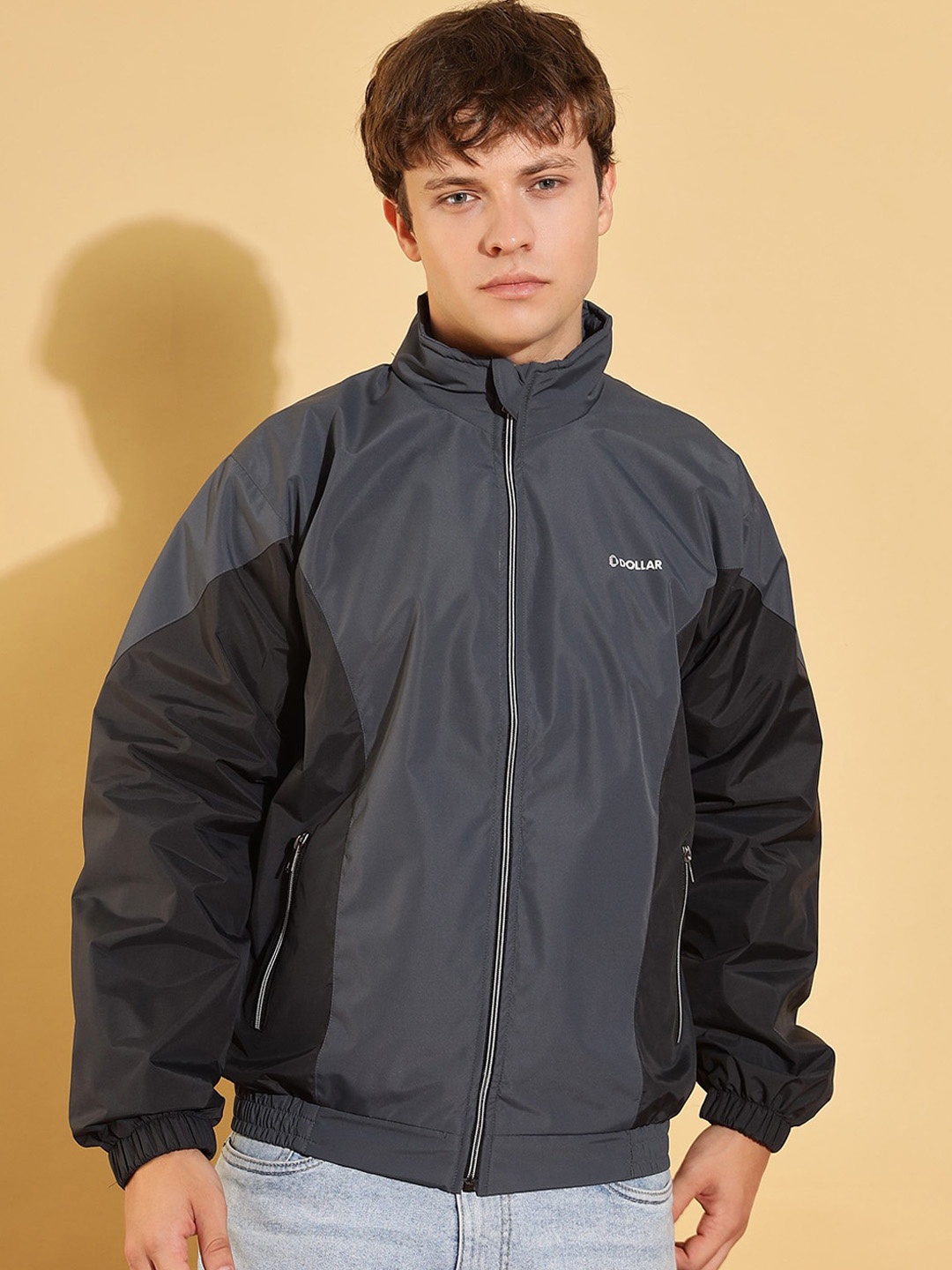 

Dollar Men Mock Collar Colourblocked Casual Bomber Jacket, Grey