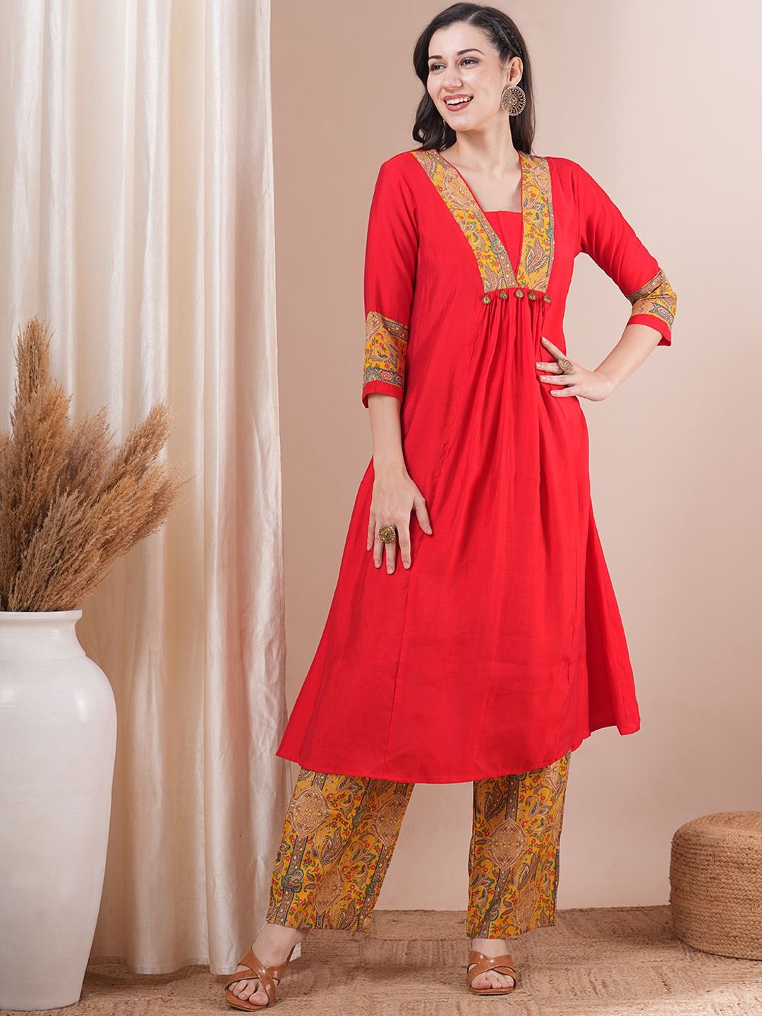 

FASHOR Square Neck Ethnic Motifs Printed Pleated A-Line Kurta with Palazzos, Red