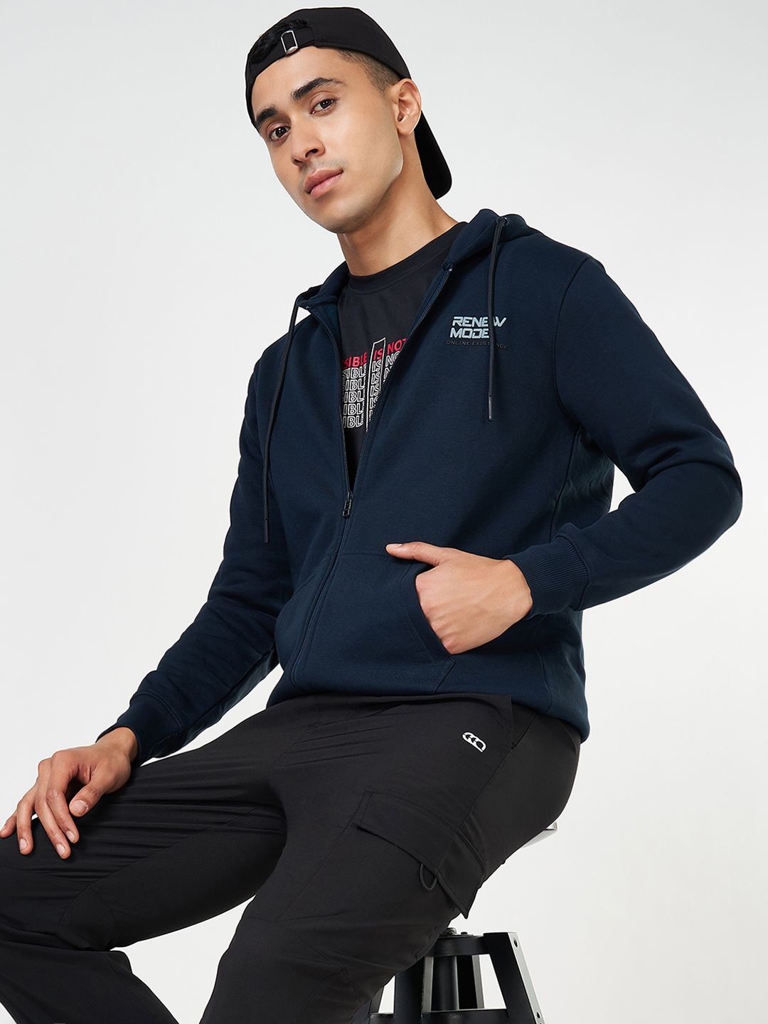

Ajile by Pantaloons Men Cotton Hooded Long Sleeves Front-Open Sweatshirt, Blue
