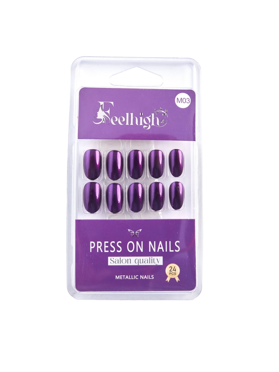 

FEELHIGH Set of 24 Reusable Press On Metallic Nails - Shade 03, Purple