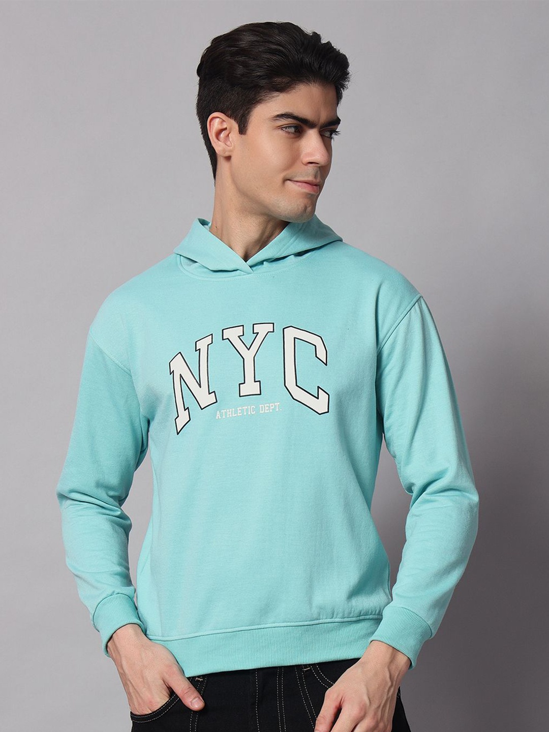 

Obaan Men Printed Hooded Pullover Sweatshirt, Turquoise blue