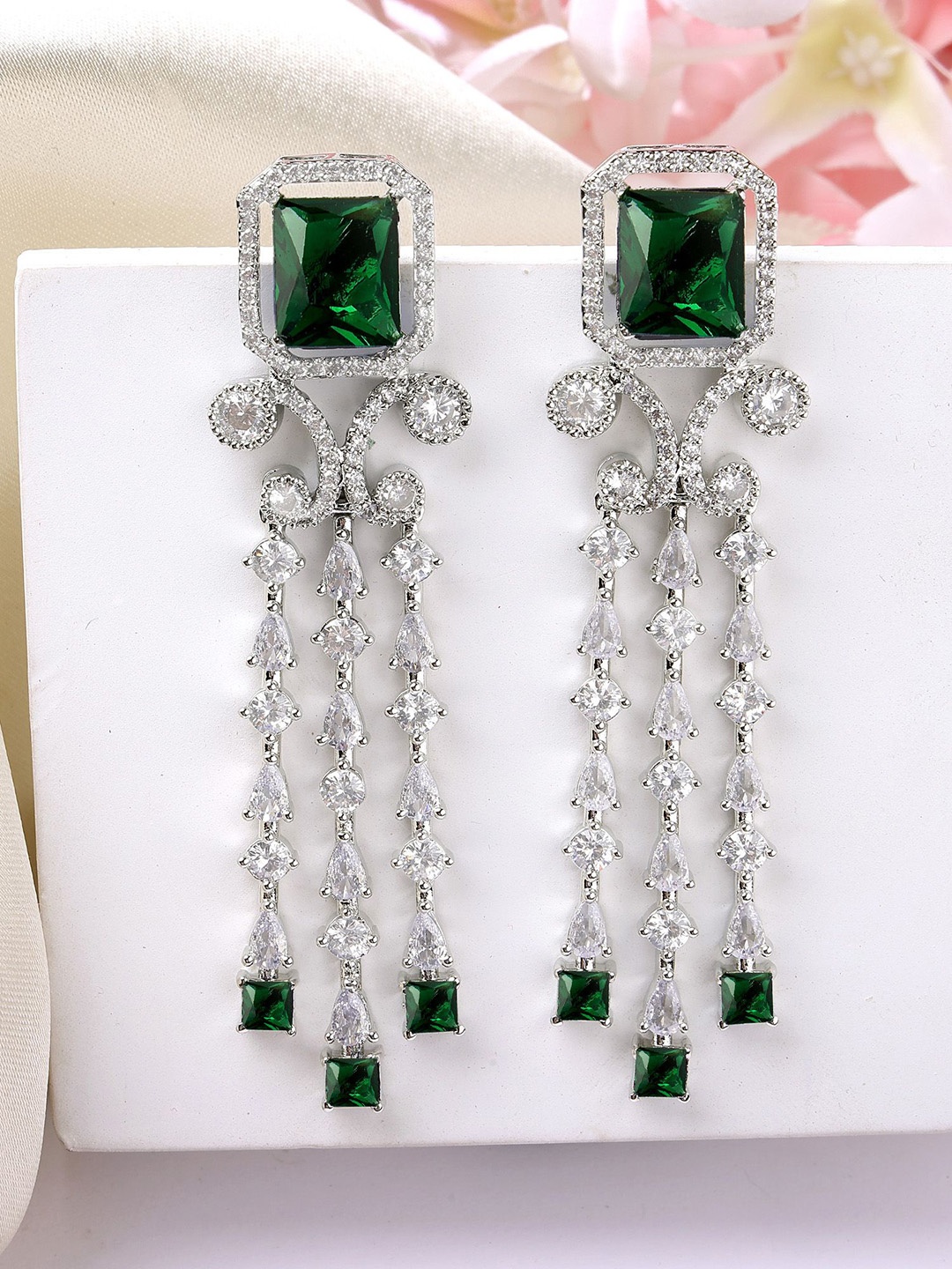 

KARATCART Silver-Plated AD Studded Contemporary Drop Earrings