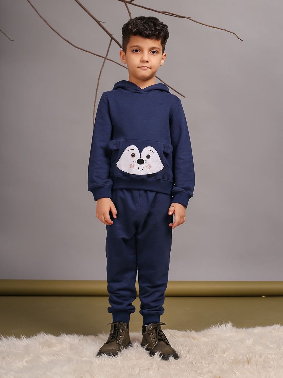 

Budding Bees Boys Hooded Printed Pure Cotton Sweatshirt with Joggers, Navy blue