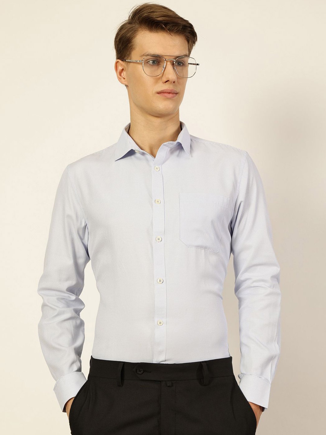 

Thomas Scott Men Smart Spread Collar Micro Checked Cotton Formal Shirt, Blue