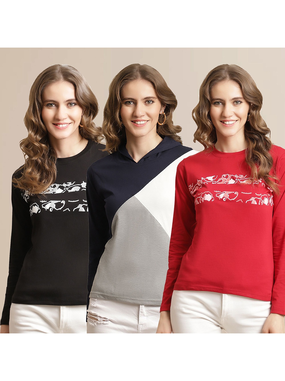 

Metronaut Women Pack Of 3 Printed Round Neck Cotton T-shirts, Black