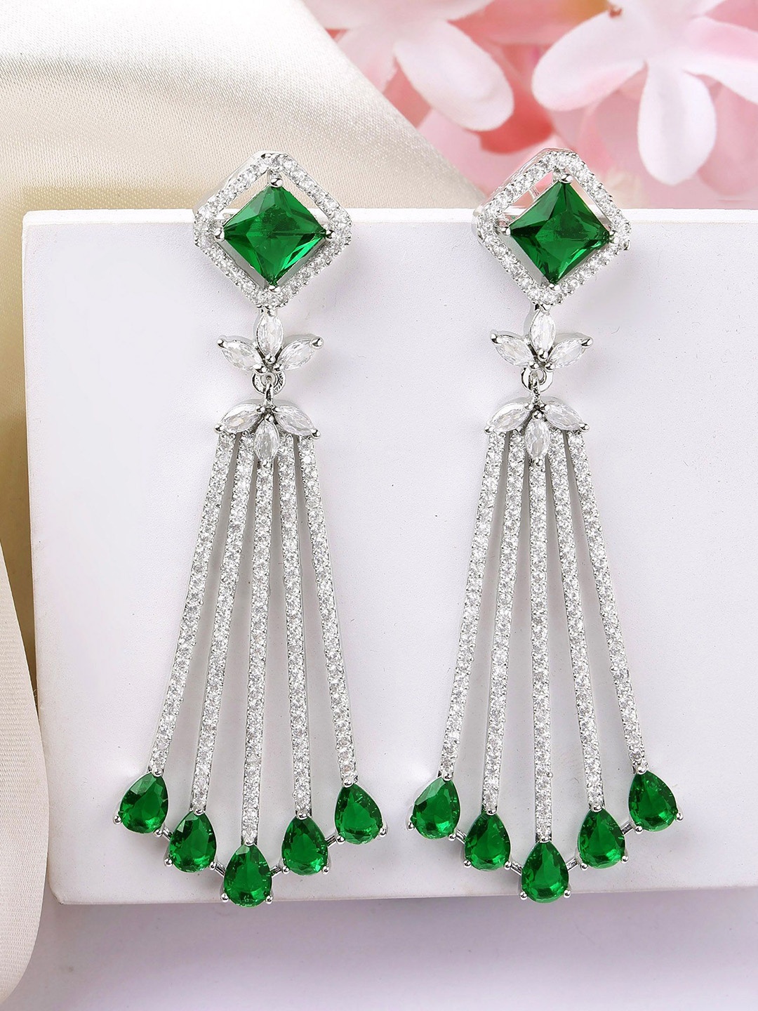 

KARATCART Silver-Plated American Diamond Studded Contemporary Drop Earrings, Green